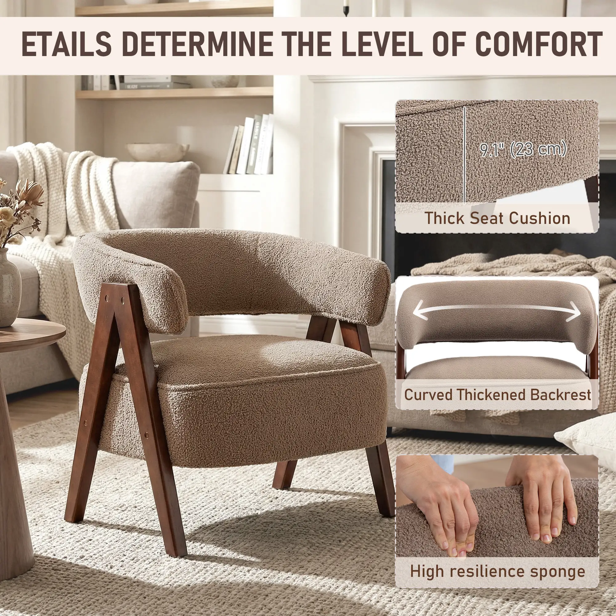 Sherpa Fleece Accent Chair, Upholstered Armchair, Light Brown - Image 4