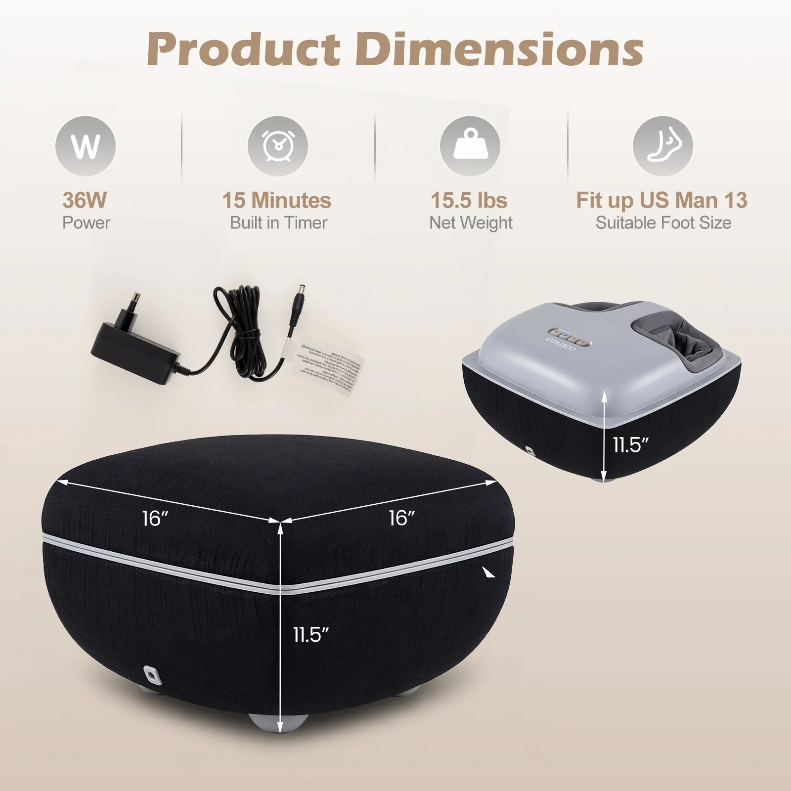 Shiatsu Foot Massager with 3-Level Deep Kneading and Air Compression, Black - Image 6