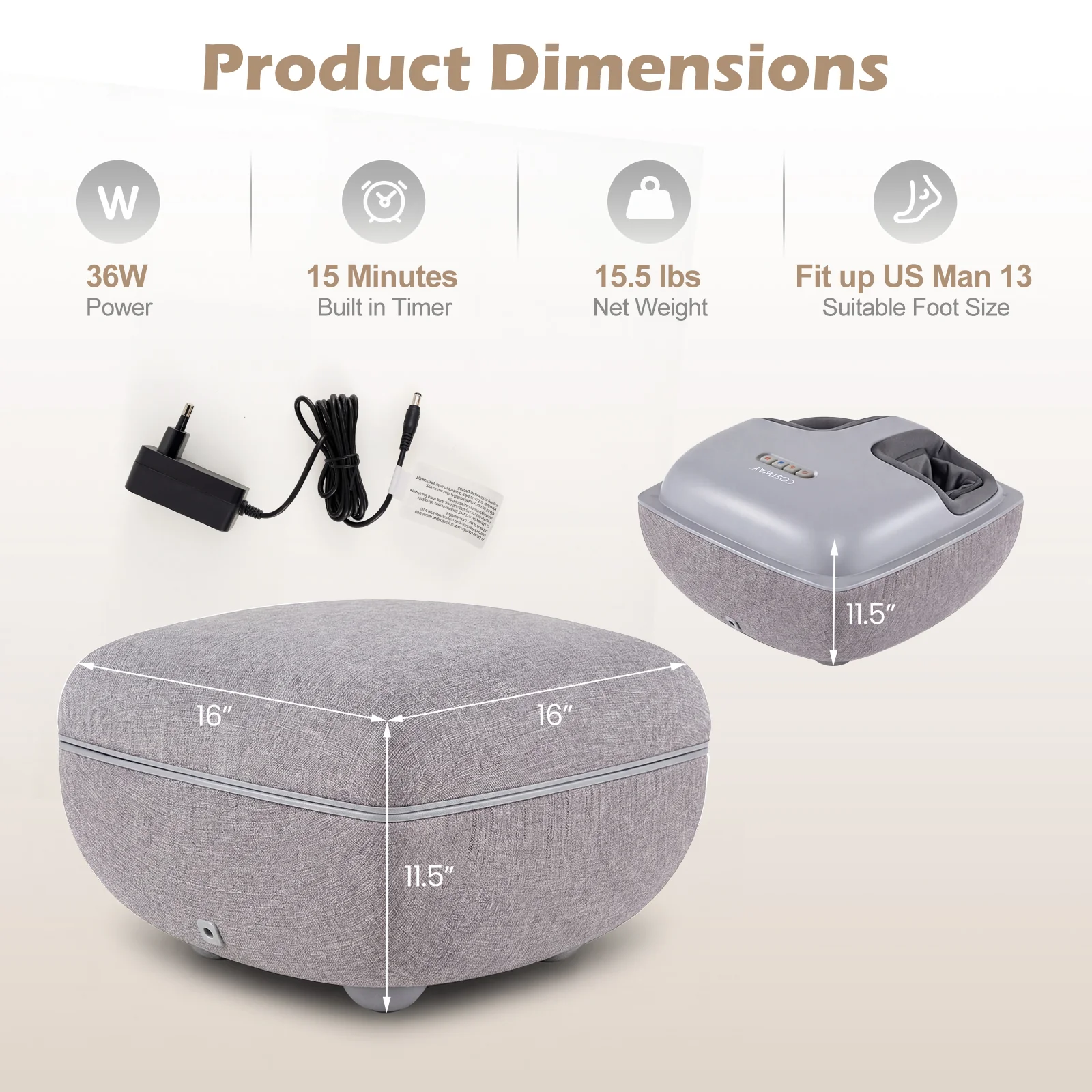 Shiatsu Foot Massager with 3-Level Deep Kneading and Air Compression, Gray - Image 6