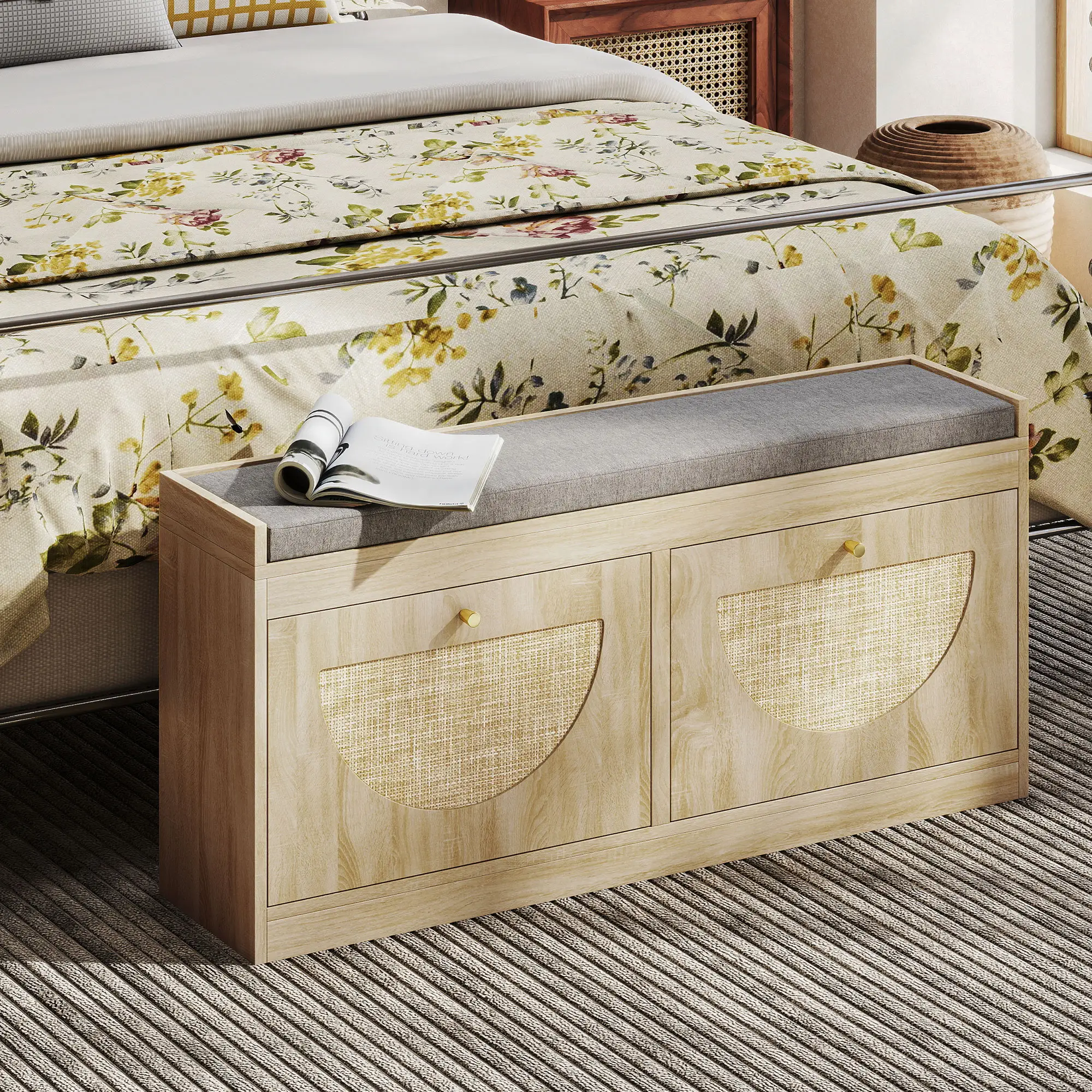 Shoe Bench with Flip Doors, Seat Cushion, Adjustable Shelves, Natural Wood - Image 10