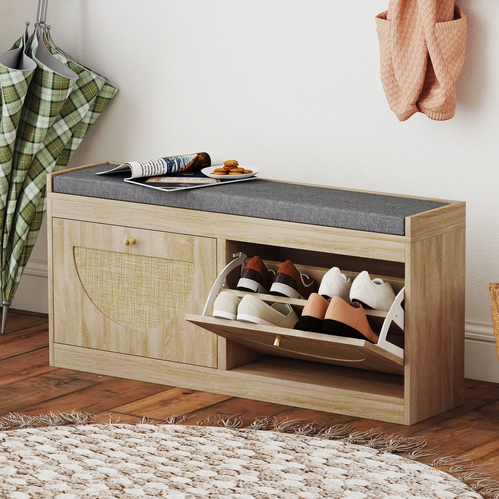 Shoe Bench with Flip Doors, Seat Cushion, Adjustable Shelves, Natural Wood - Image 2