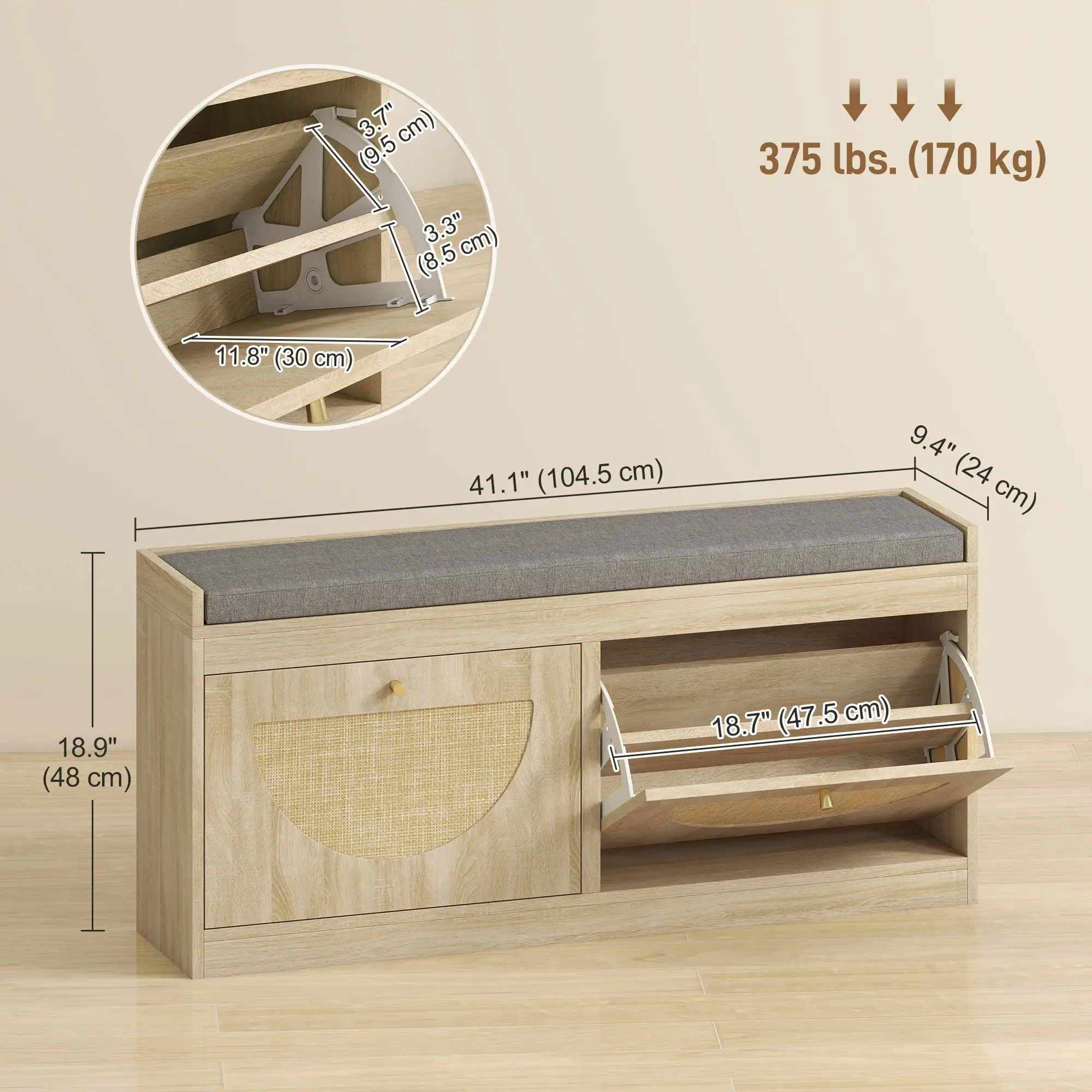 Shoe Bench with Flip Doors, Seat Cushion, Adjustable Shelves, Natural Wood - Image 3