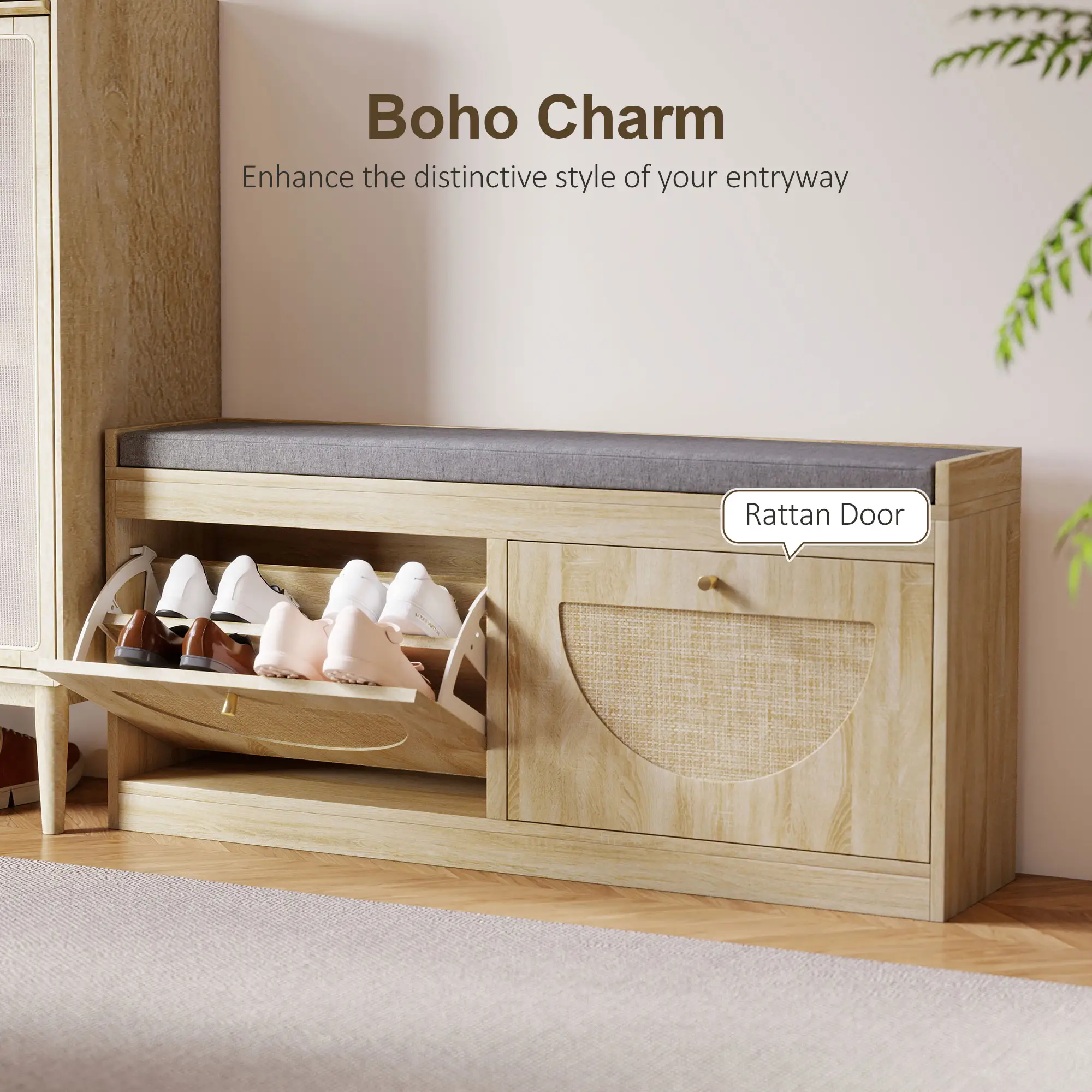 Shoe Bench with Flip Doors, Seat Cushion, Adjustable Shelves, Natural Wood - Image 4