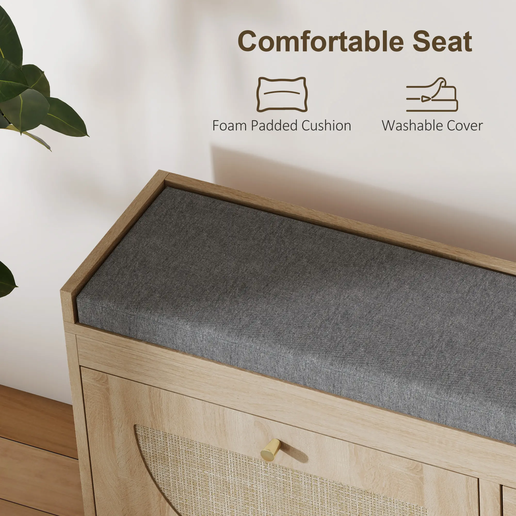 Shoe Bench with Flip Doors, Seat Cushion, Adjustable Shelves, Natural Wood - Image 5