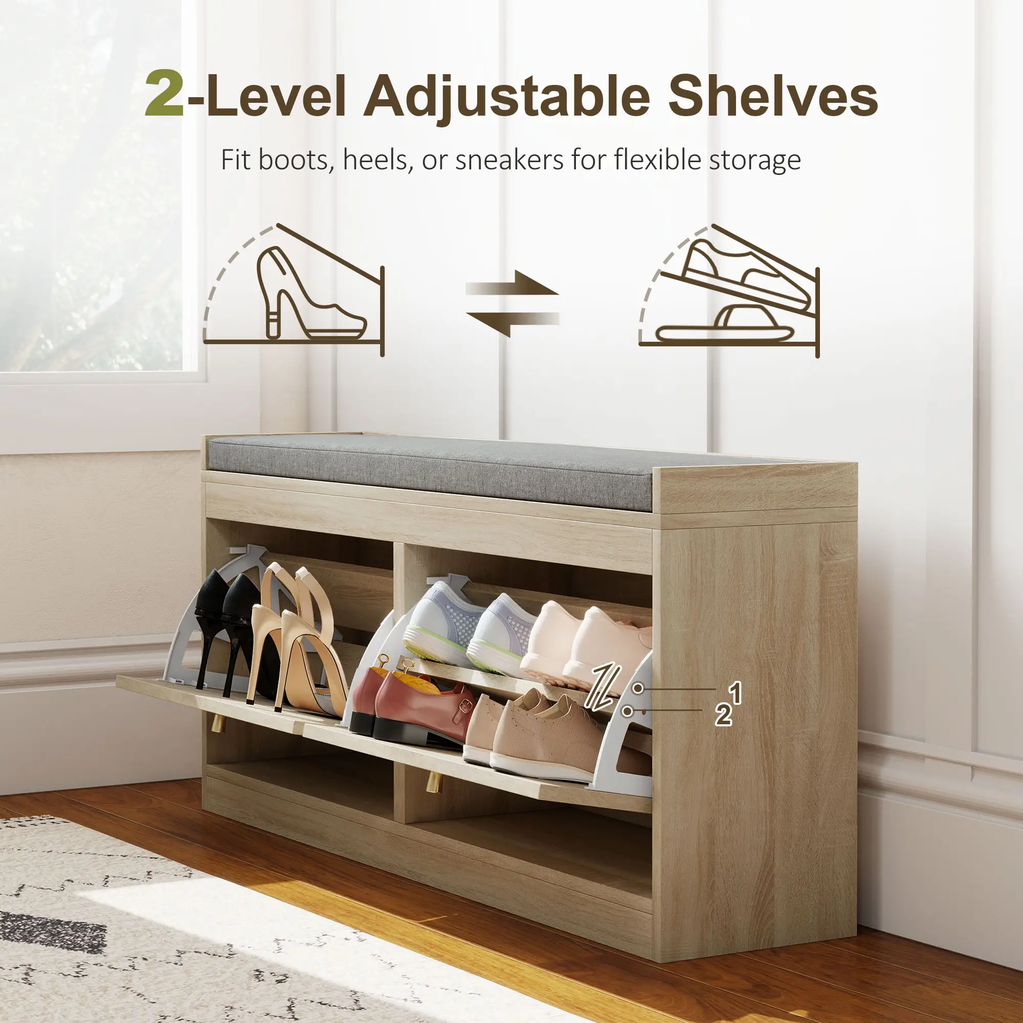 Shoe Bench with Flip Doors, Seat Cushion, Adjustable Shelves, Natural Wood - Image 7