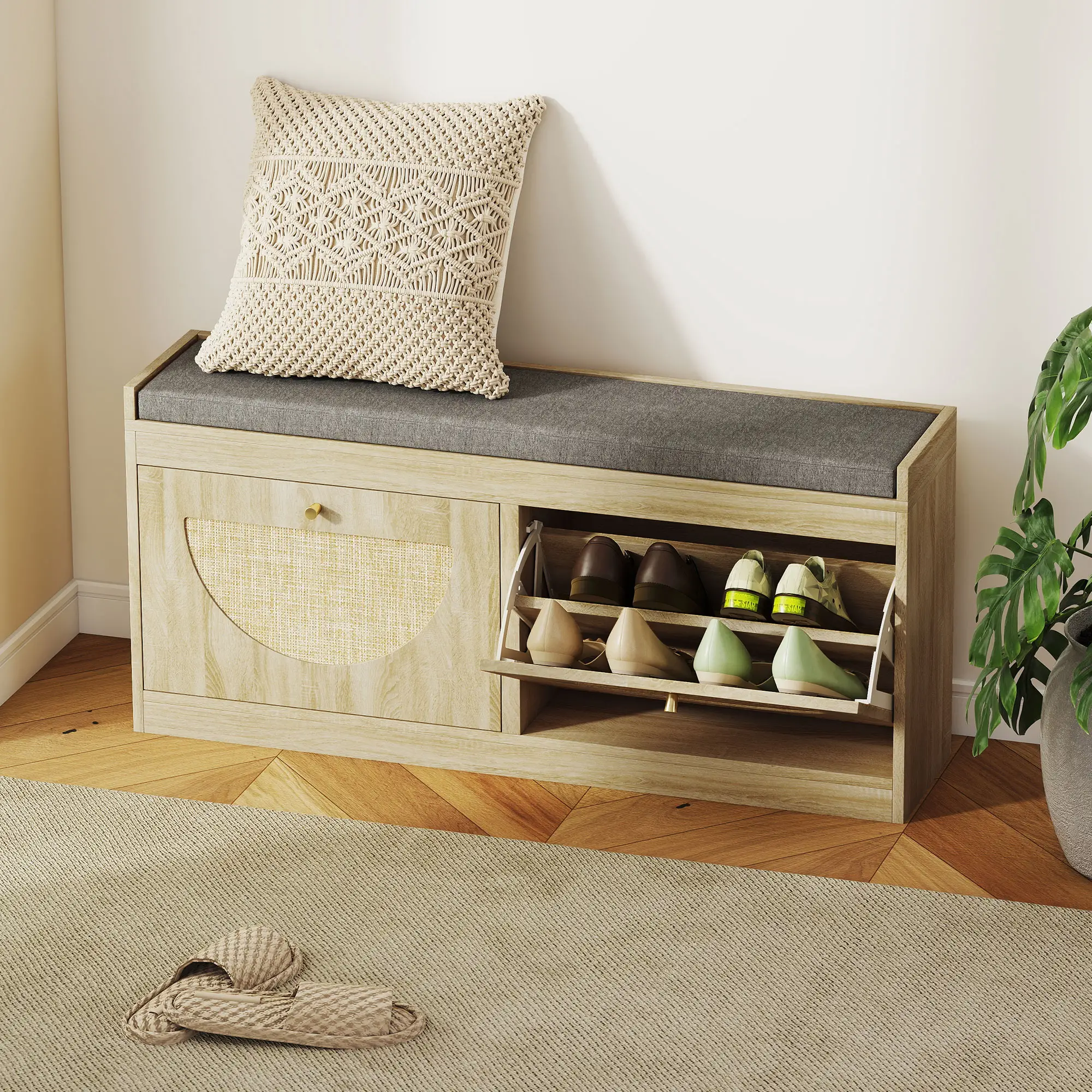 Shoe Bench with Flip Doors, Seat Cushion, Adjustable Shelves, Natural Wood - Image 8
