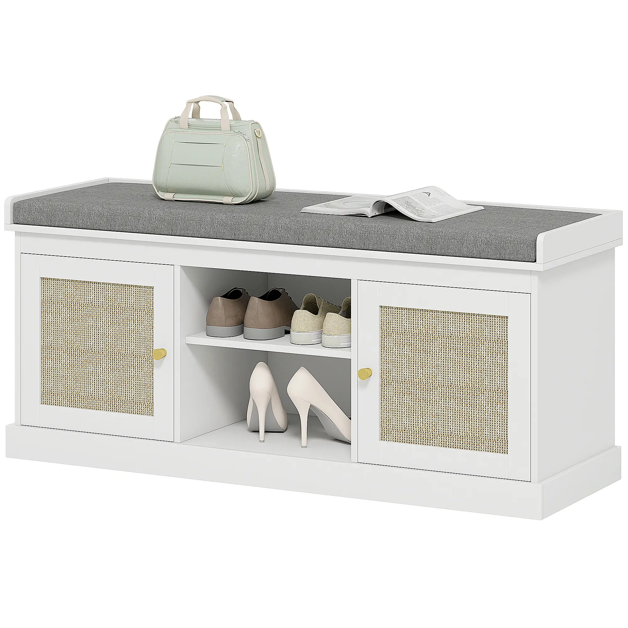 Shoe Bench with Padded Cushion, Boho Entryway, Rattan Doors, Adjustable Shelves, White