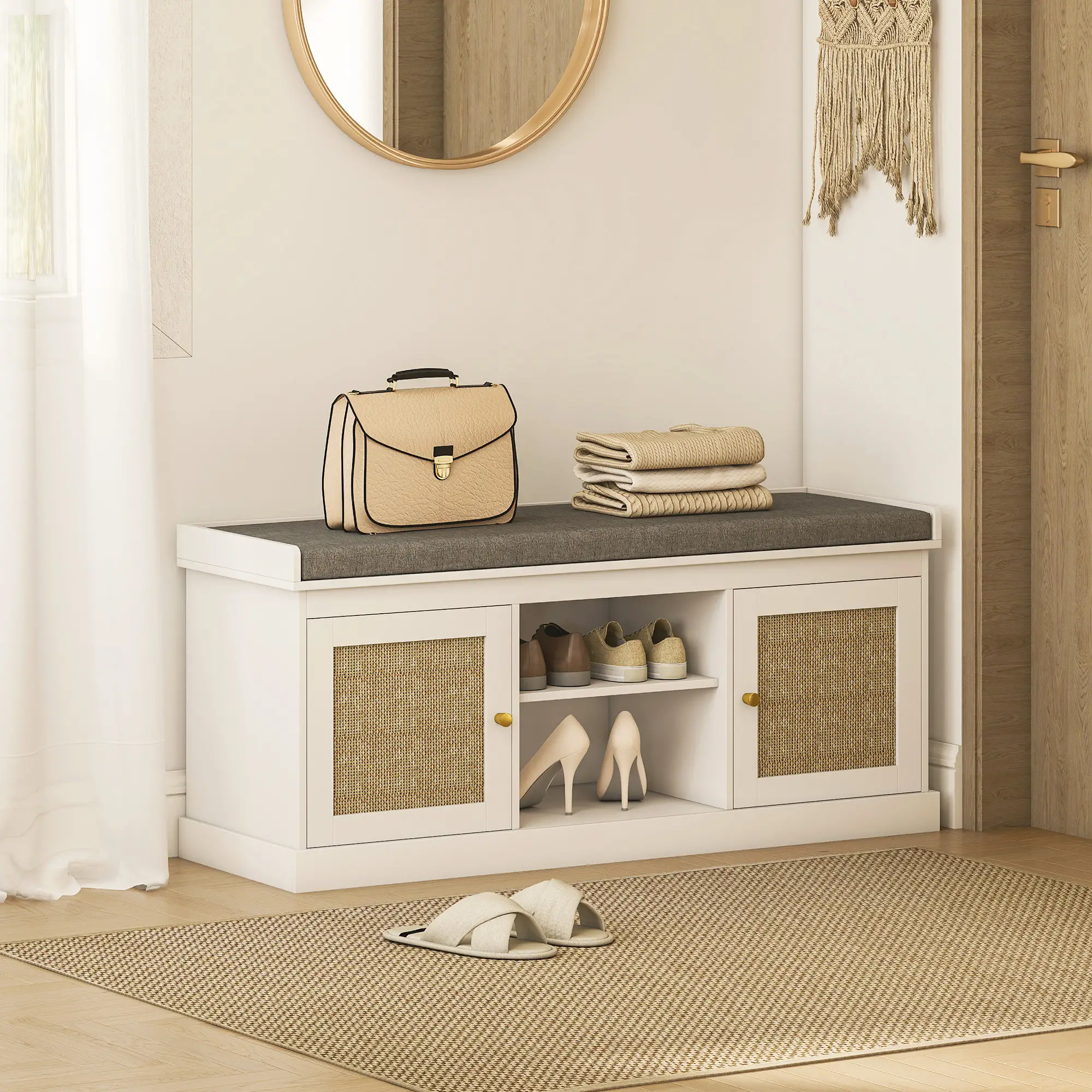 Shoe Bench with Padded Cushion, Boho Entryway, Rattan Doors, Adjustable Shelves, White - Image 2