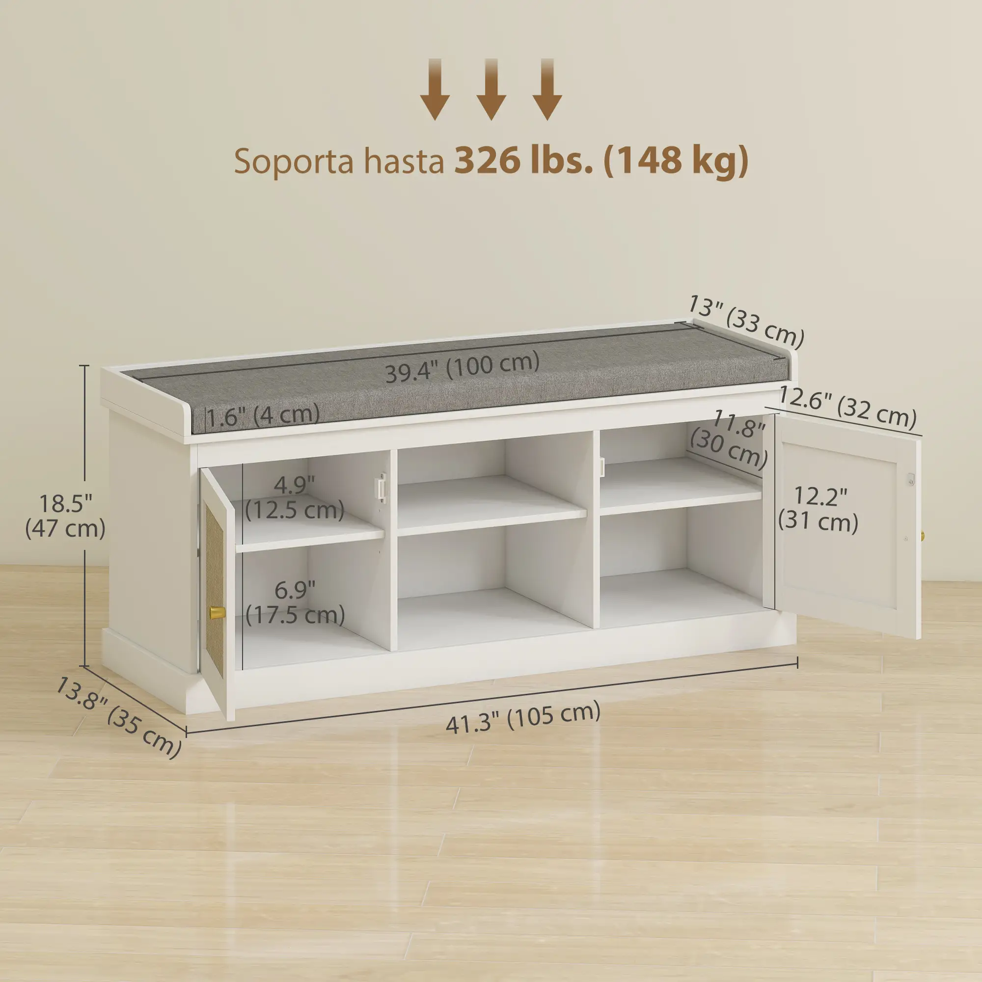 Shoe Bench with Padded Cushion, Boho Entryway, Rattan Doors, Adjustable Shelves, White - Image 3