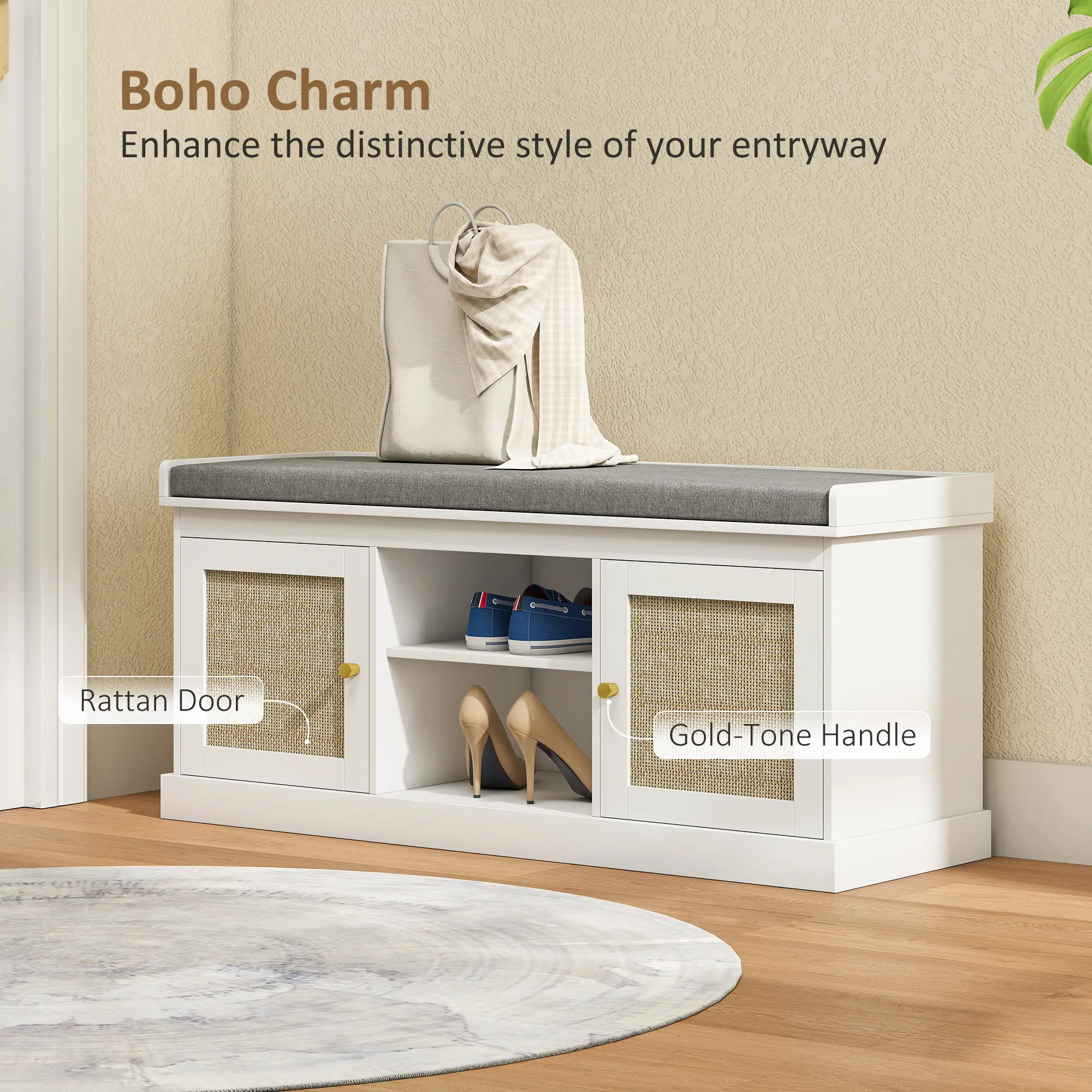 Shoe Bench with Padded Cushion, Boho Entryway, Rattan Doors, Adjustable Shelves, White - Image 4