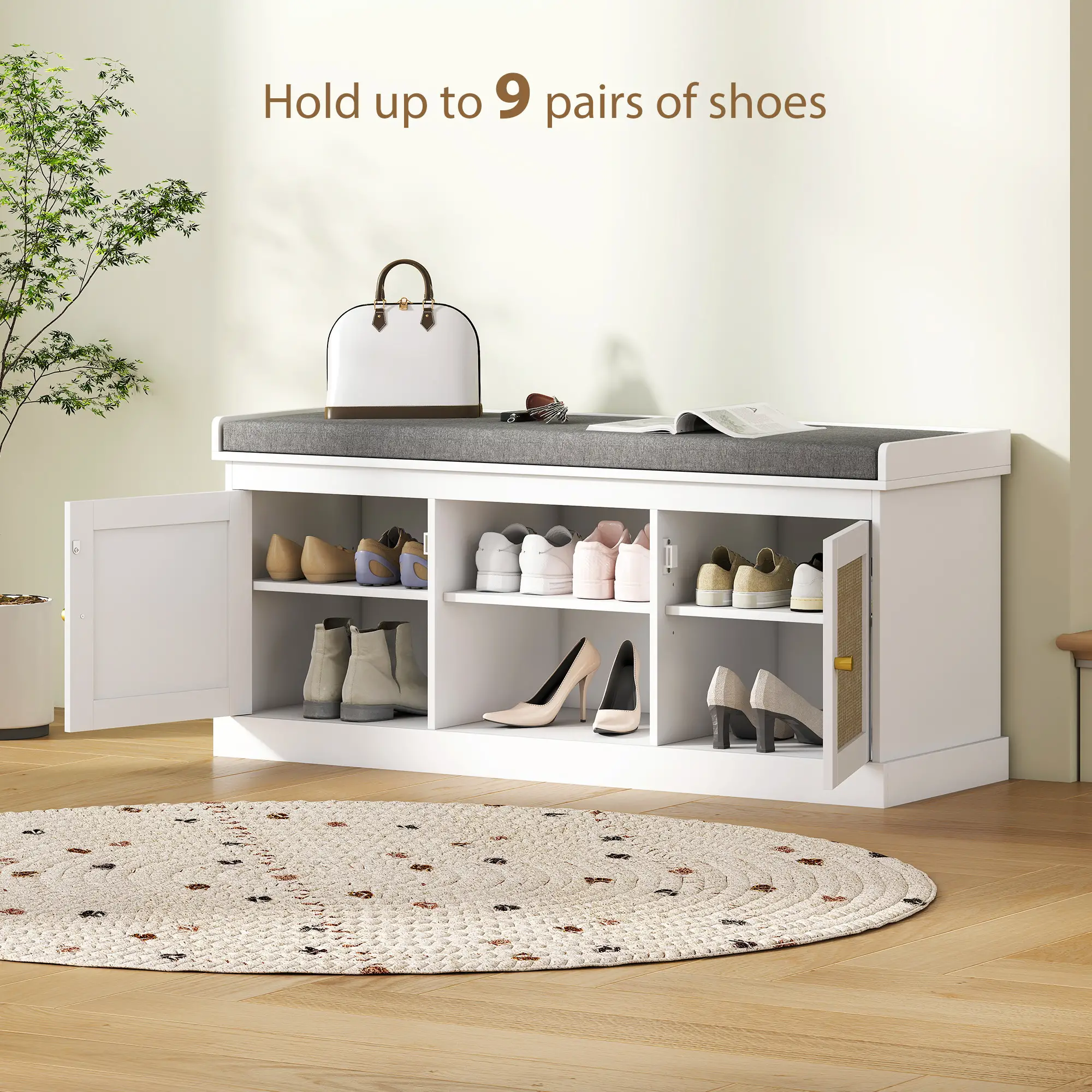 Shoe Bench with Padded Cushion, Boho Entryway, Rattan Doors, Adjustable Shelves, White - Image 6