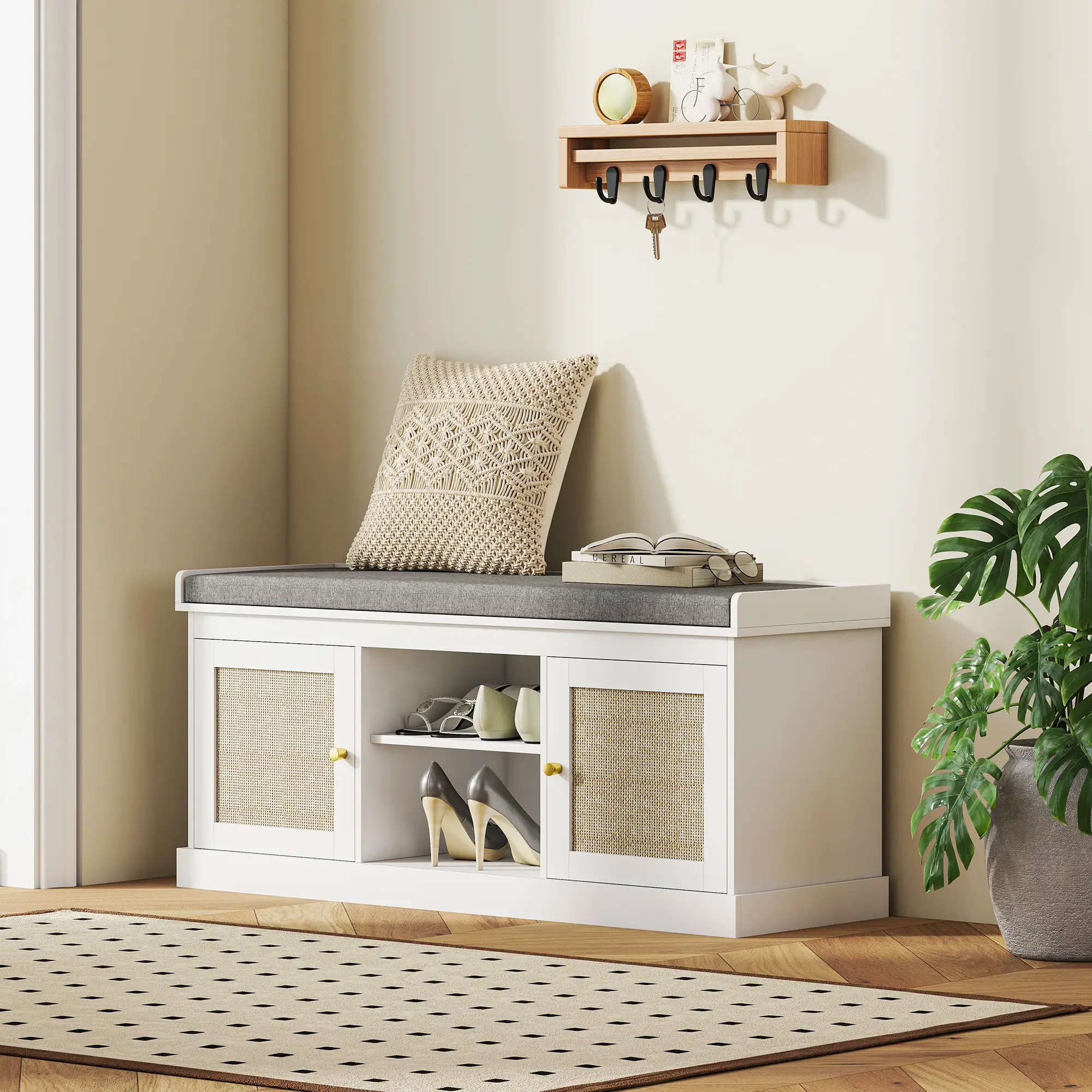 Shoe Bench with Padded Cushion, Boho Entryway, Rattan Doors, Adjustable Shelves, White - Image 8