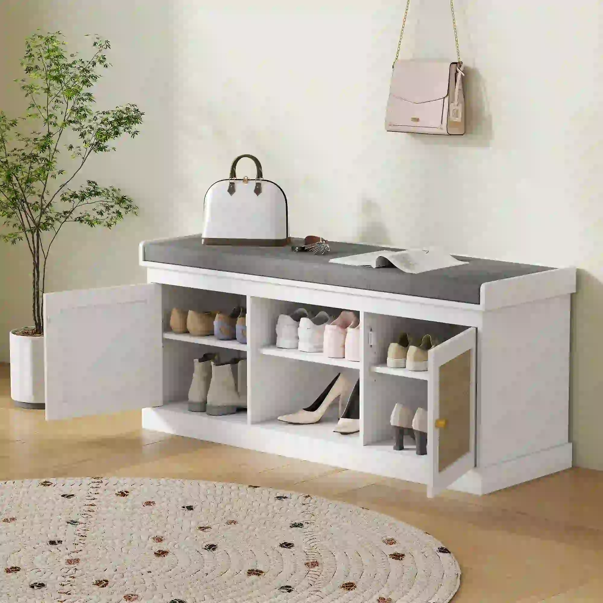 Shoe Bench with Padded Cushion, Boho Entryway, Rattan Doors, Adjustable Shelves, White - Image 9