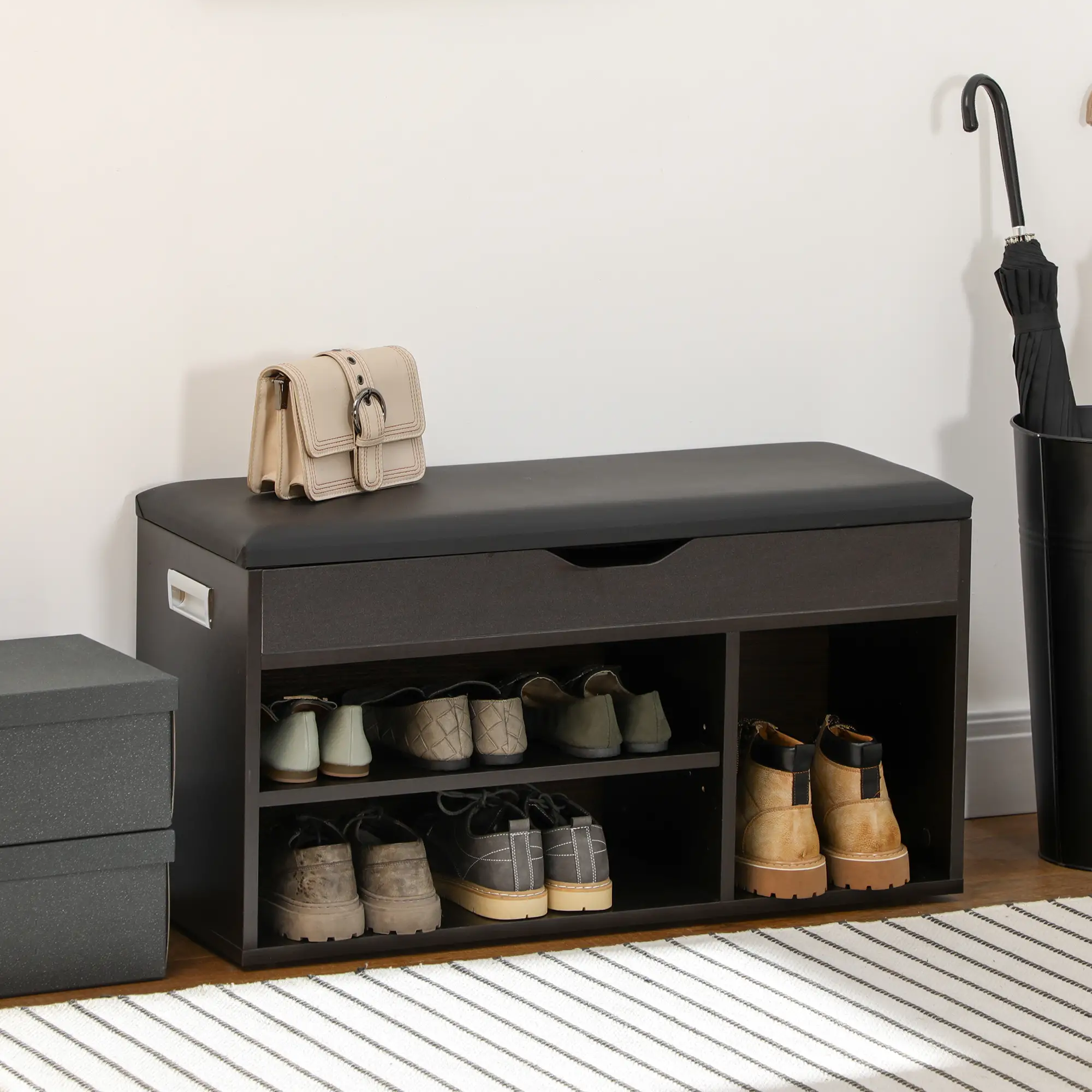 Shoe Bench with Padded Cushion, Hidden Storage, Black - Image 2