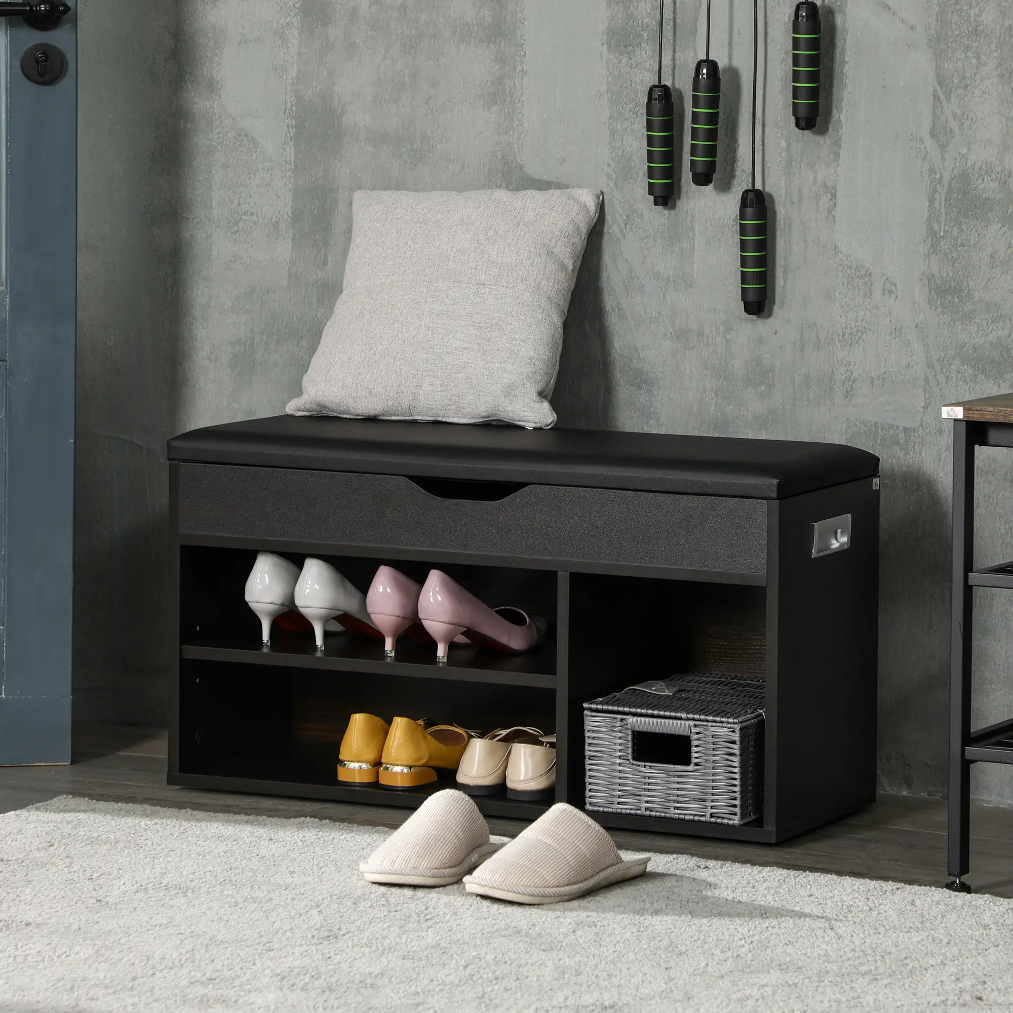 Shoe Bench with Padded Cushion, Hidden Storage, Black - Image 8