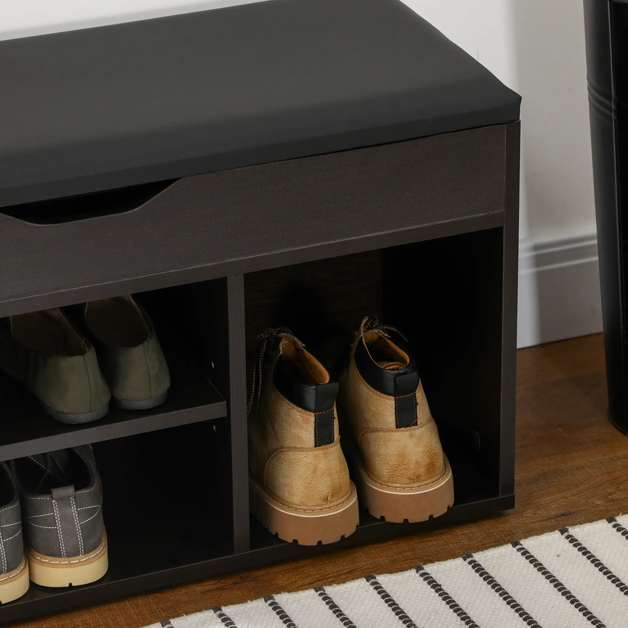Shoe Bench with Padded Cushion, Hidden Storage, Black - Image 9
