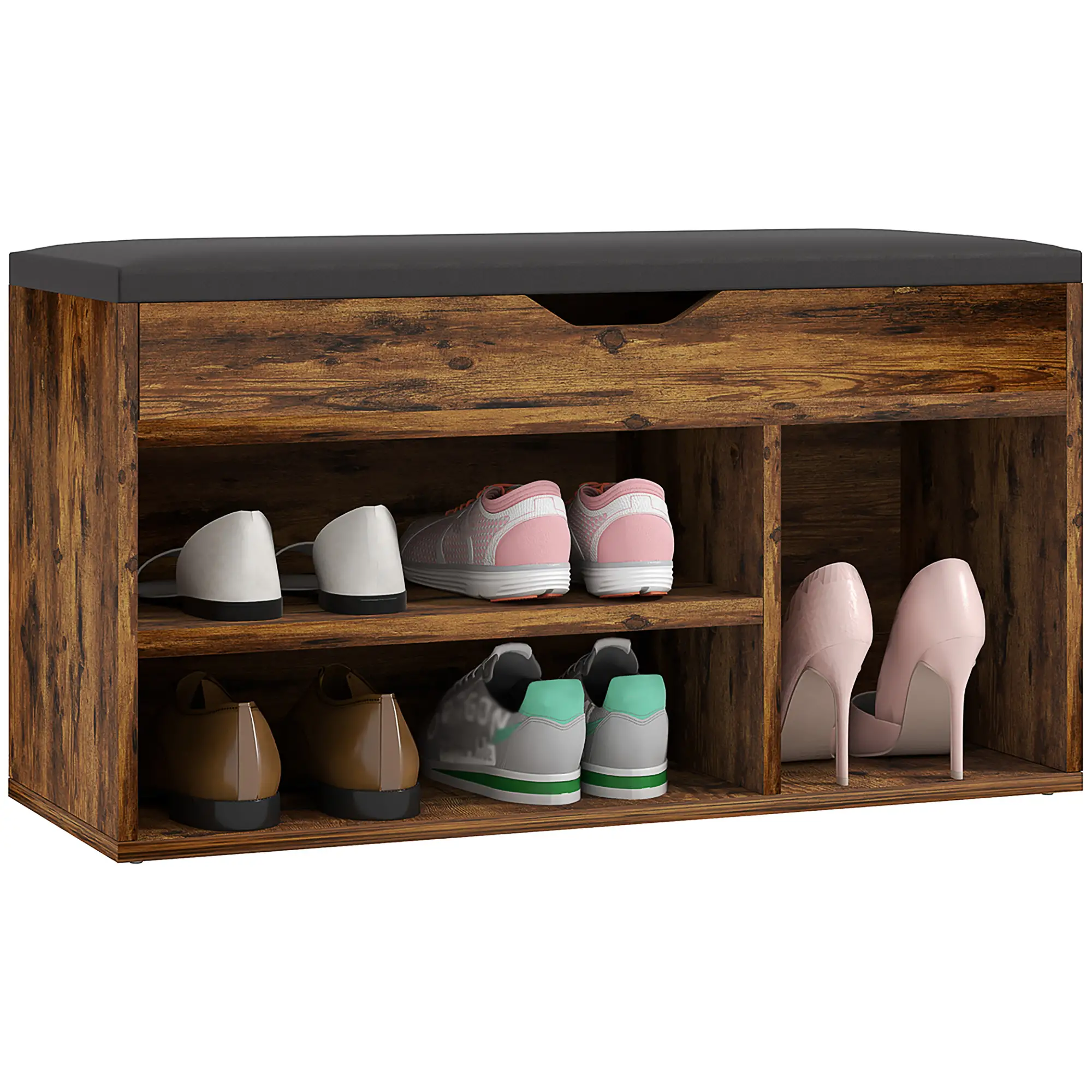 Shoe Bench with Padded Cushion, Hidden Storage, Rustic Brown