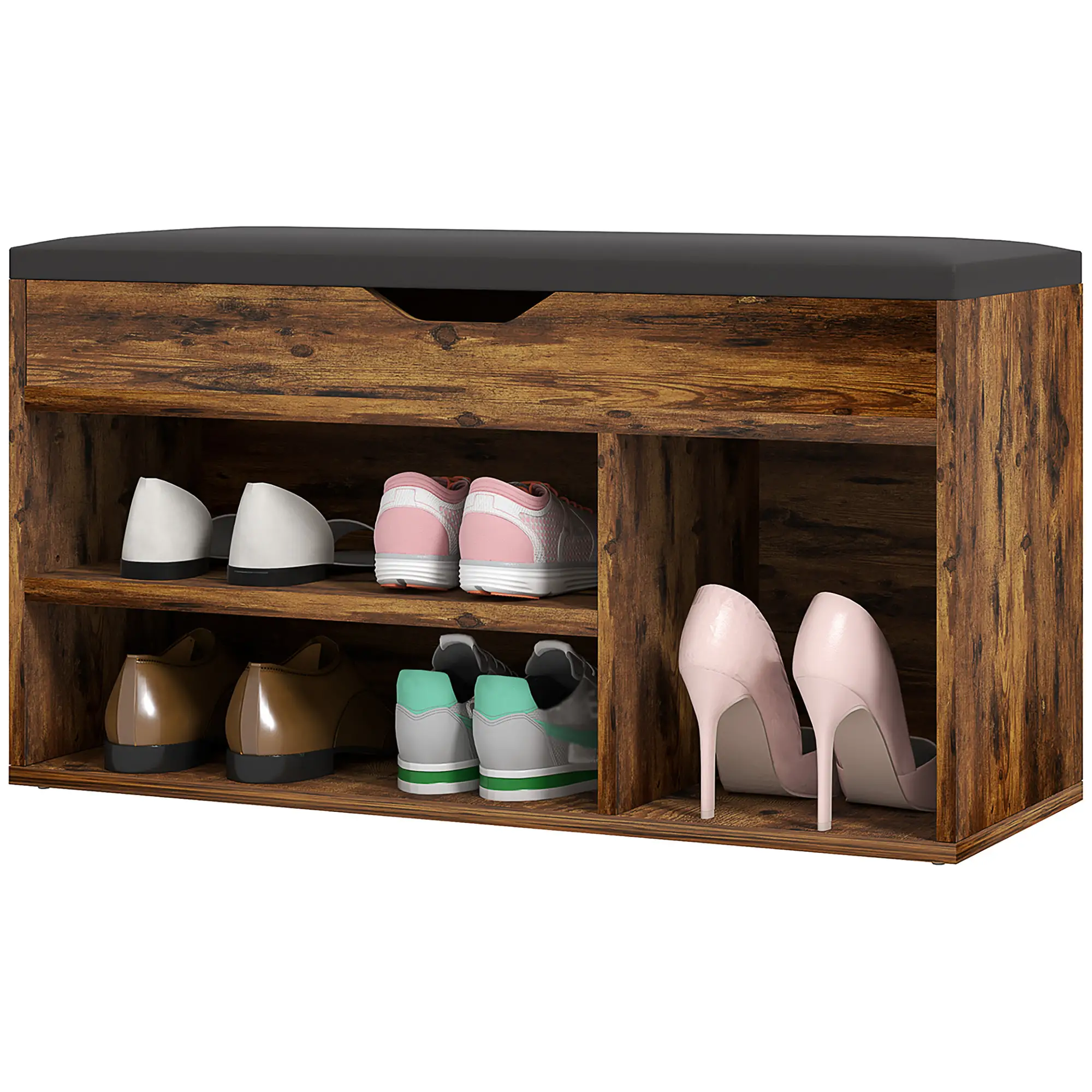 Shoe Bench with Padded Cushion, Hidden Storage, Rustic Brown - Image 11