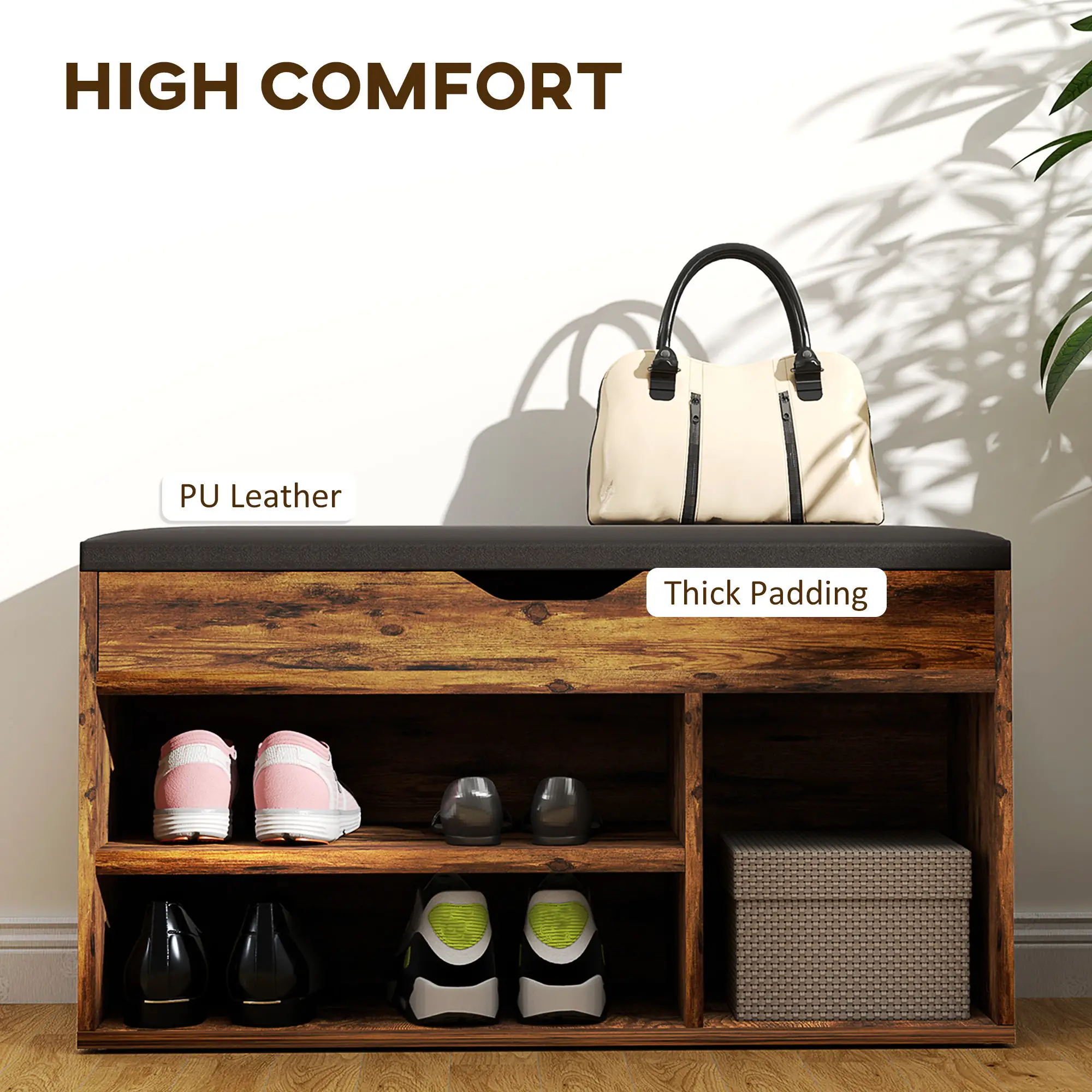 Shoe Bench with Padded Cushion, Hidden Storage, Rustic Brown - Image 4