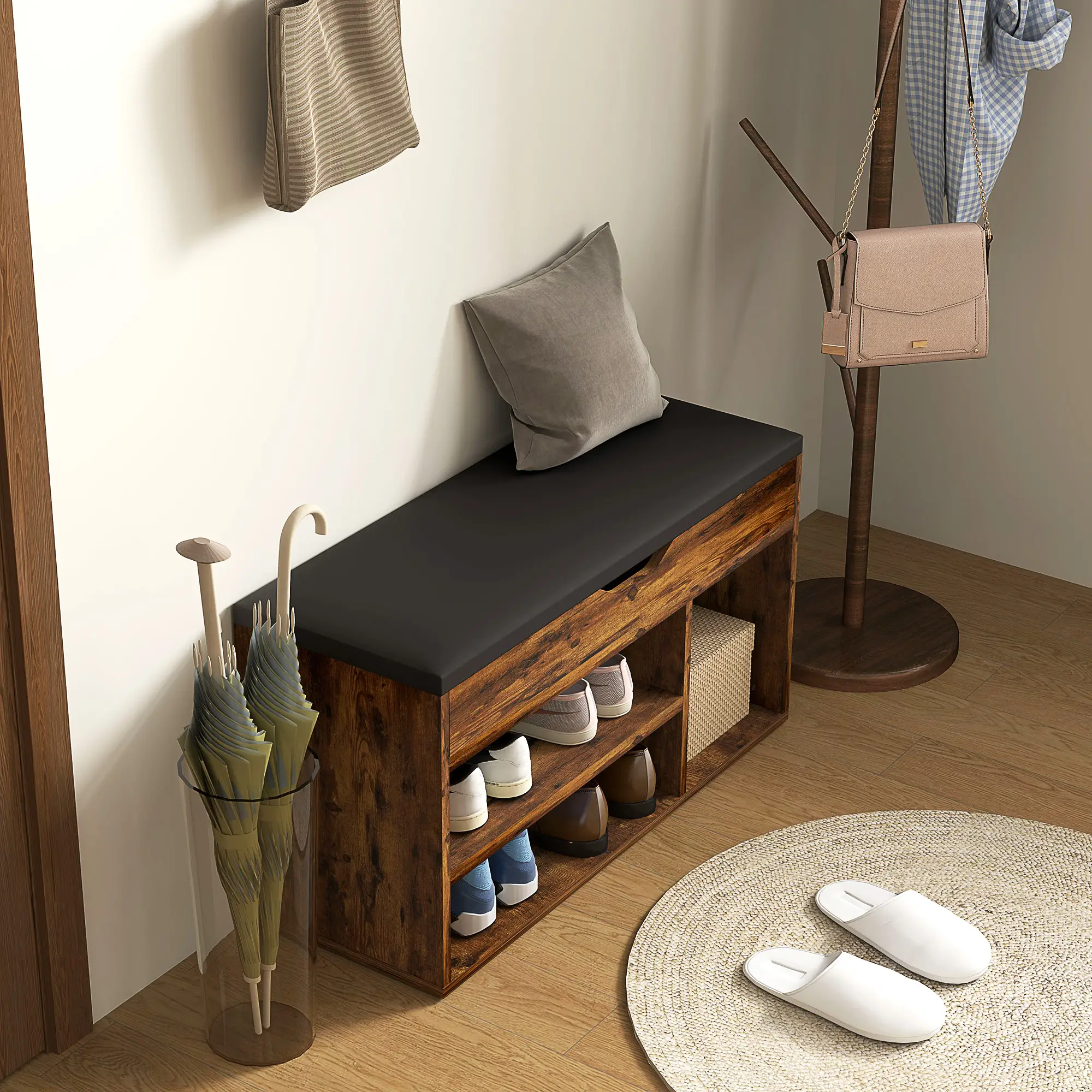 Shoe Bench with Padded Cushion, Hidden Storage, Rustic Brown - Image 7