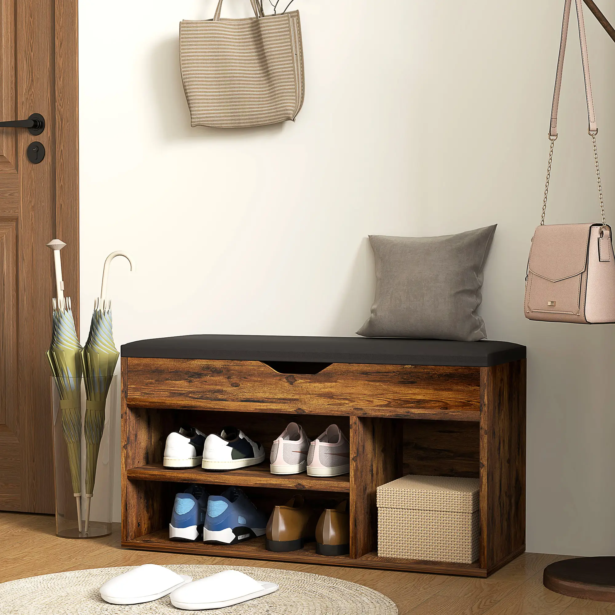 Shoe Bench with Padded Cushion, Hidden Storage, Rustic Brown - Image 8