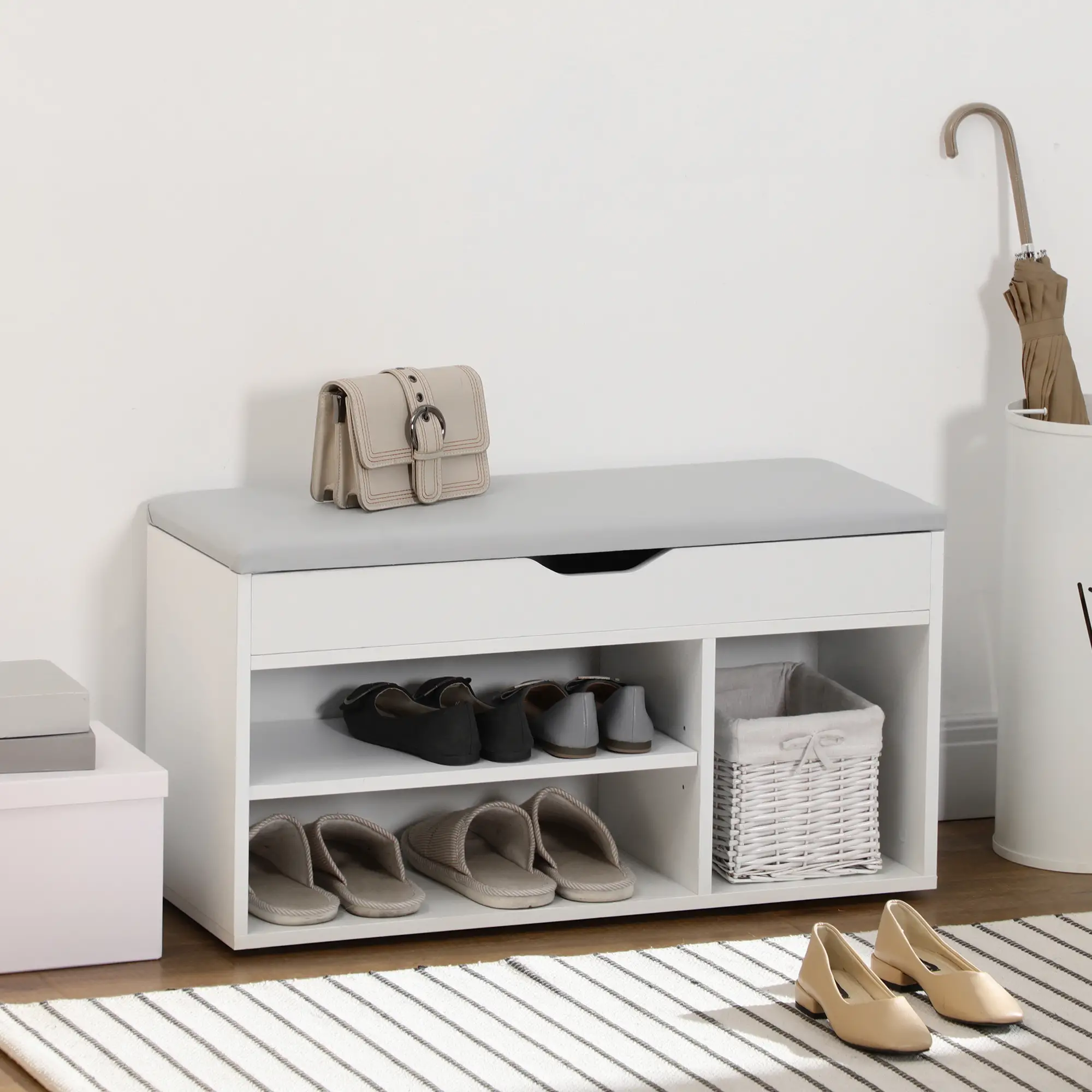 Shoe Bench with Padded Cushion, Hidden Storage, White - Image 2