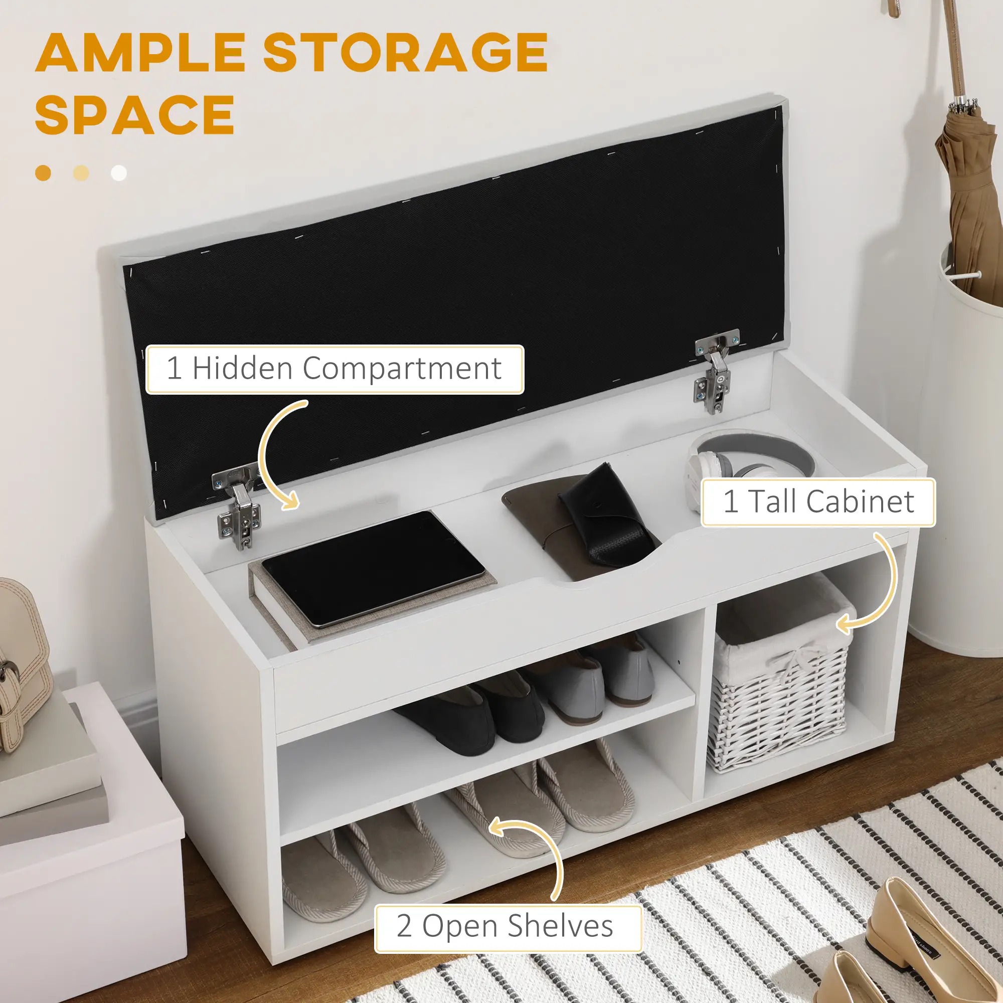 Shoe Bench with Padded Cushion, Hidden Storage, White - Image 5