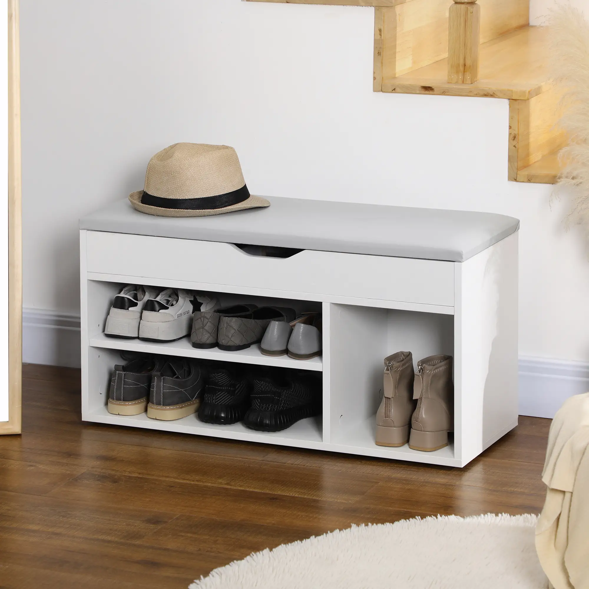 Shoe Bench with Padded Cushion, Hidden Storage, White - Image 8
