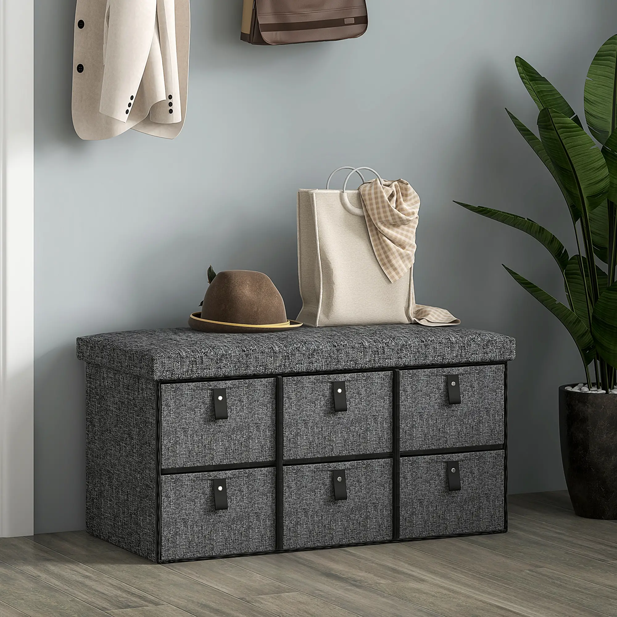 Shoe Bench with Seat, 6 Fabric Drawers, Charcoal Grey - Image 2