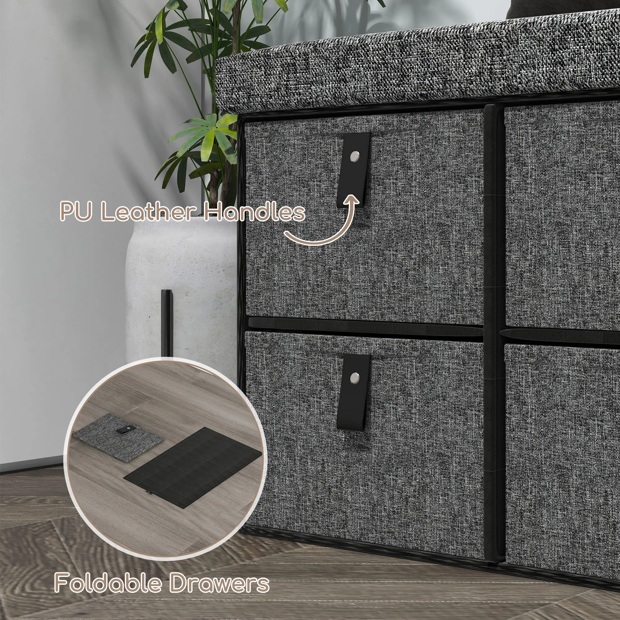 Shoe Bench with Seat, 6 Fabric Drawers, Charcoal Grey - Image 6