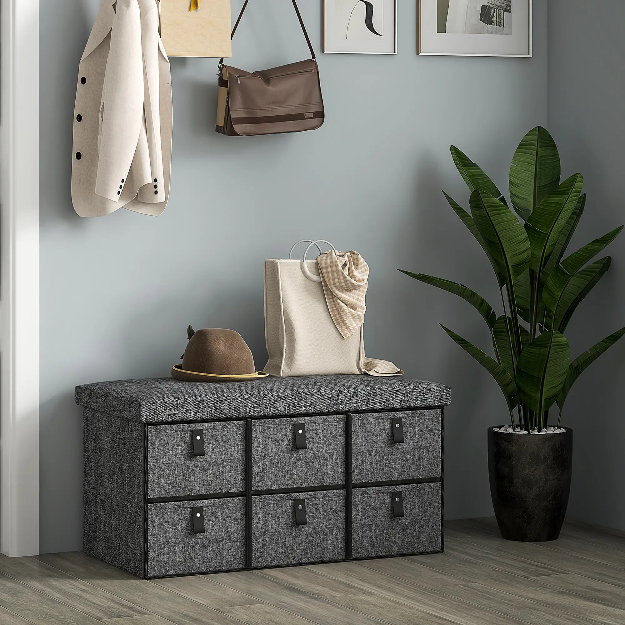 Shoe Bench with Seat, 6 Fabric Drawers, Charcoal Grey - Image 7