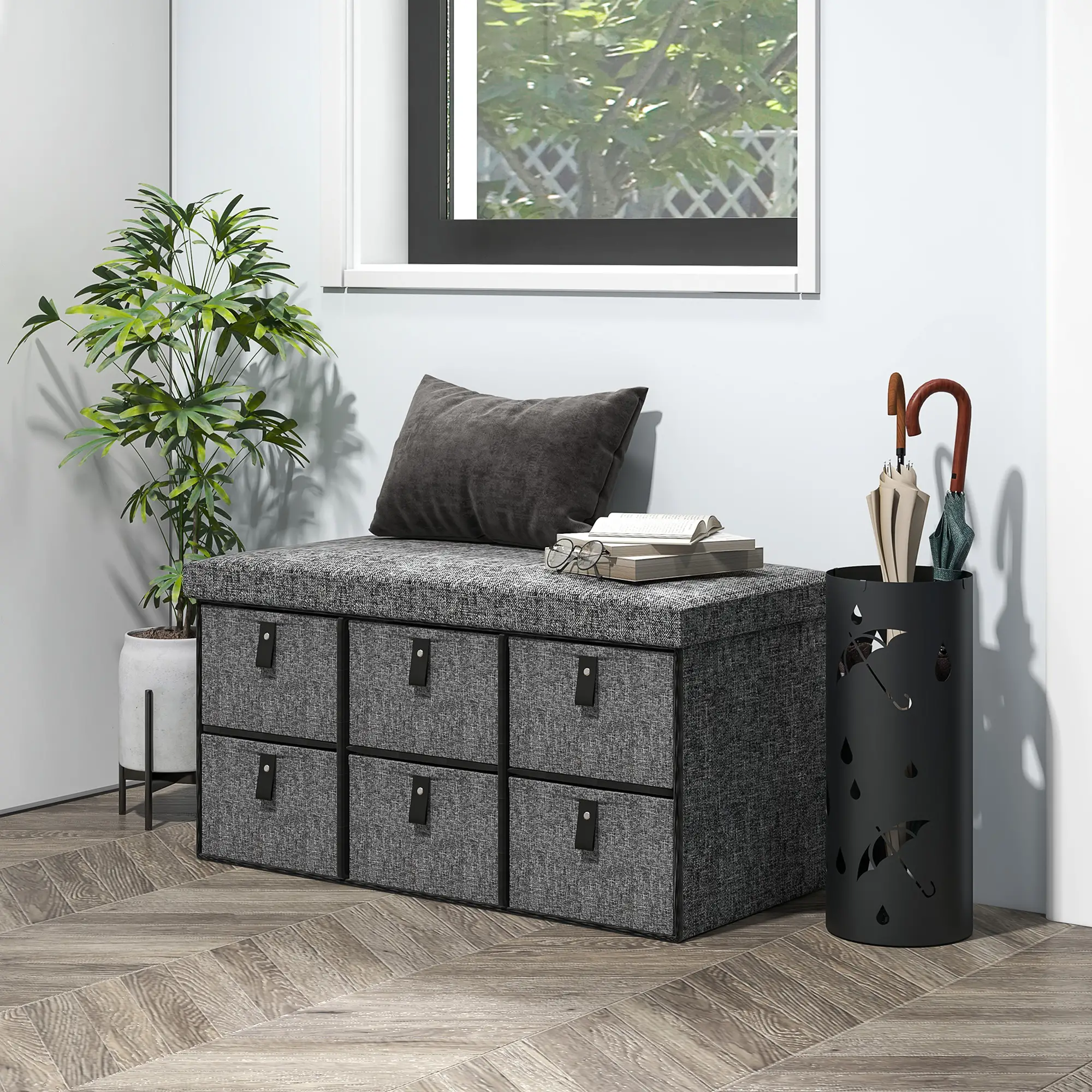 Shoe Bench with Seat, 6 Fabric Drawers, Charcoal Grey - Image 8