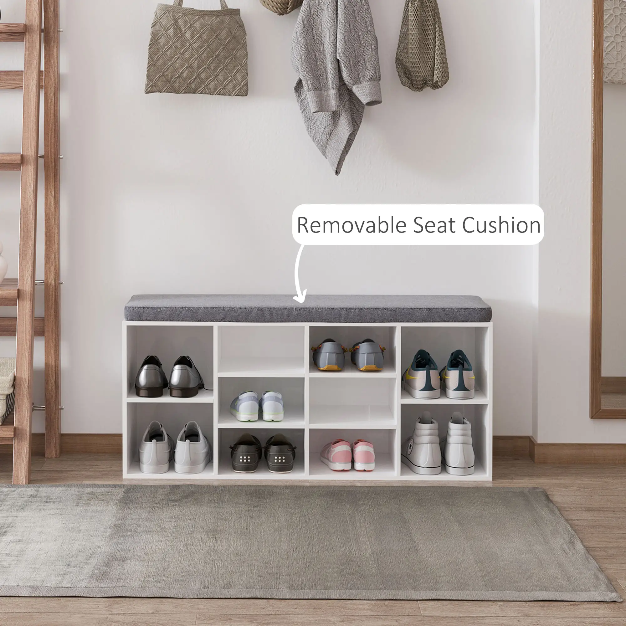 Shoe Bench with Storage, Upholstered Entryway Bench, Adjustable Shelves, White - Image 5