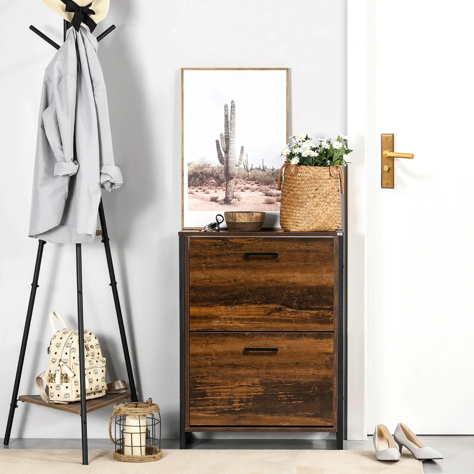 Shoe Cabinet, 2 Flip Doors, 2 Drawers, Divider, Holds 12 Pairs, Rustic Brown - Image 2