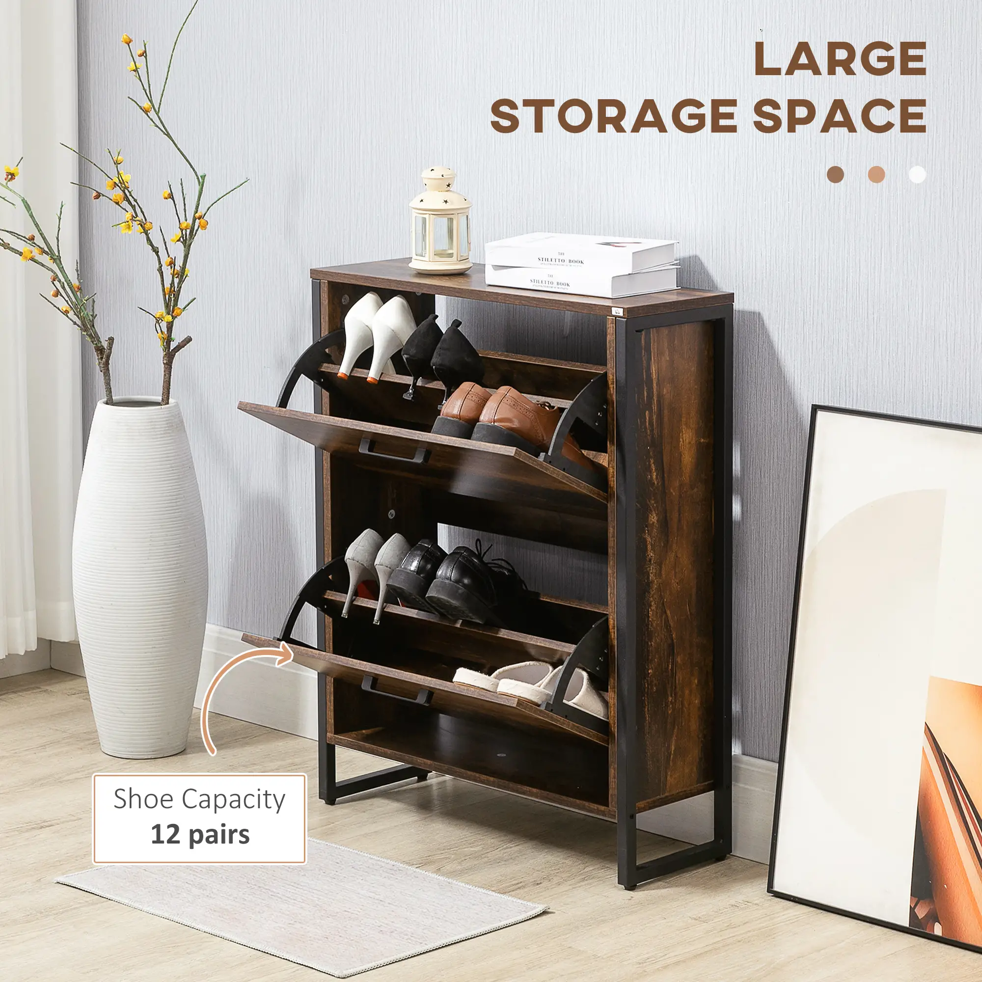 Shoe Cabinet, 2 Flip Doors, 2 Drawers, Divider, Holds 12 Pairs, Rustic Brown - Image 4