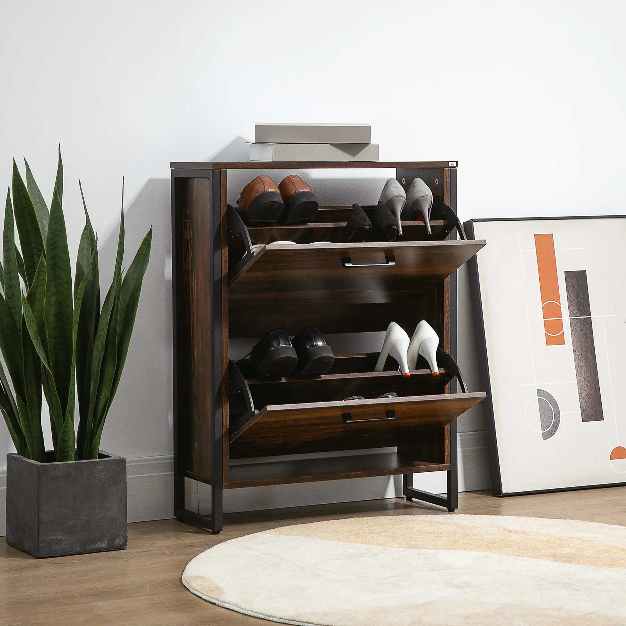 Shoe Cabinet, 2 Flip Doors, 2 Drawers, Divider, Holds 12 Pairs, Rustic Brown - Image 7