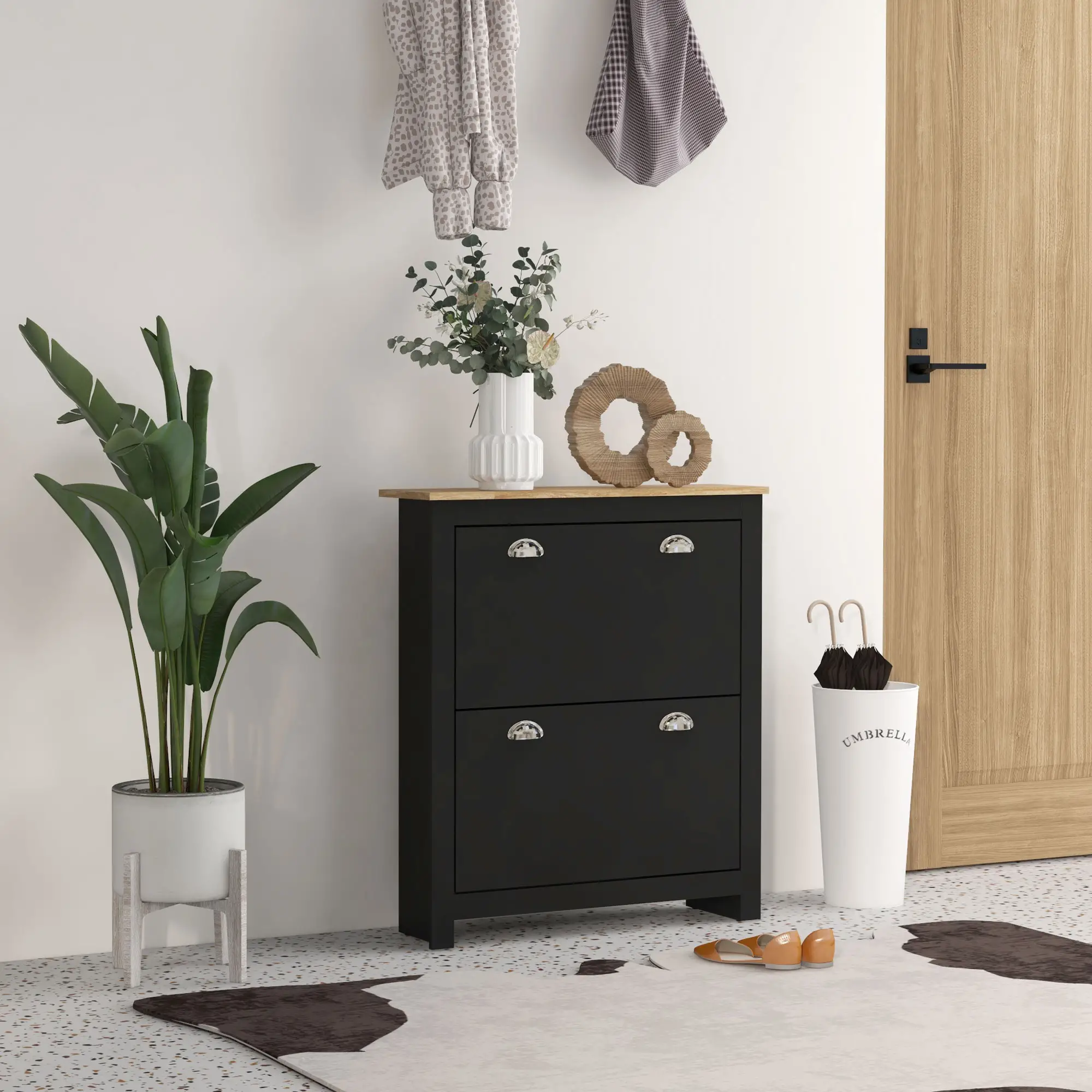 Shoe Cabinet, 2 Flip Drawers, Adjustable Shelves, 12 Pair, Black - Image 2