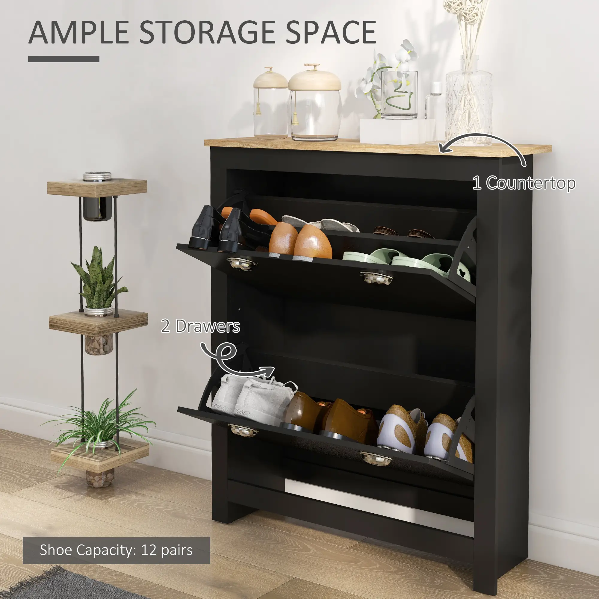Shoe Cabinet, 2 Flip Drawers, Adjustable Shelves, 12 Pair, Black - Image 4