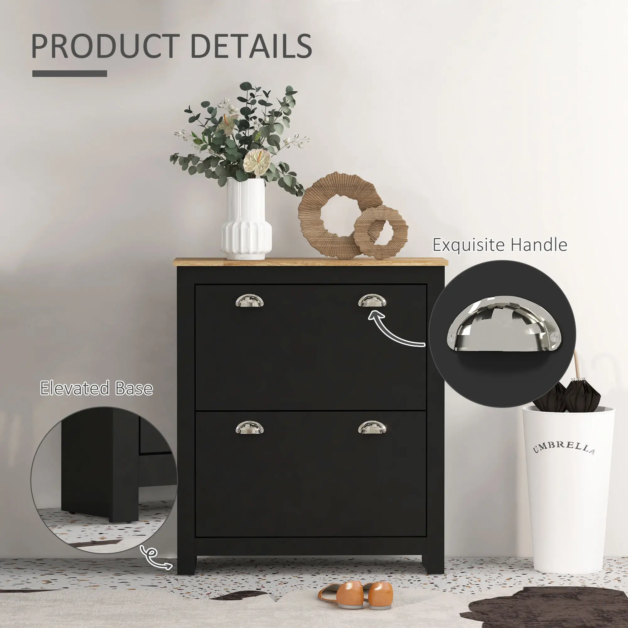 Shoe Cabinet, 2 Flip Drawers, Adjustable Shelves, 12 Pair, Black - Image 6