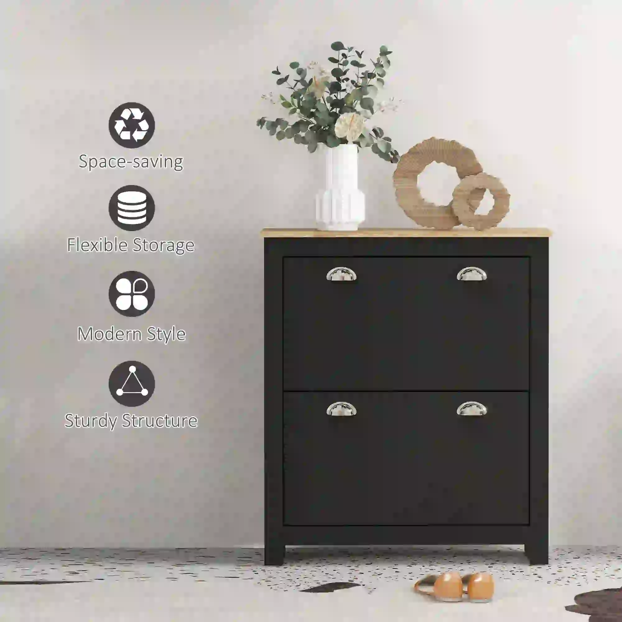 Shoe Cabinet, 2 Flip Drawers, Adjustable Shelves, 12 Pair, Black - Image 7