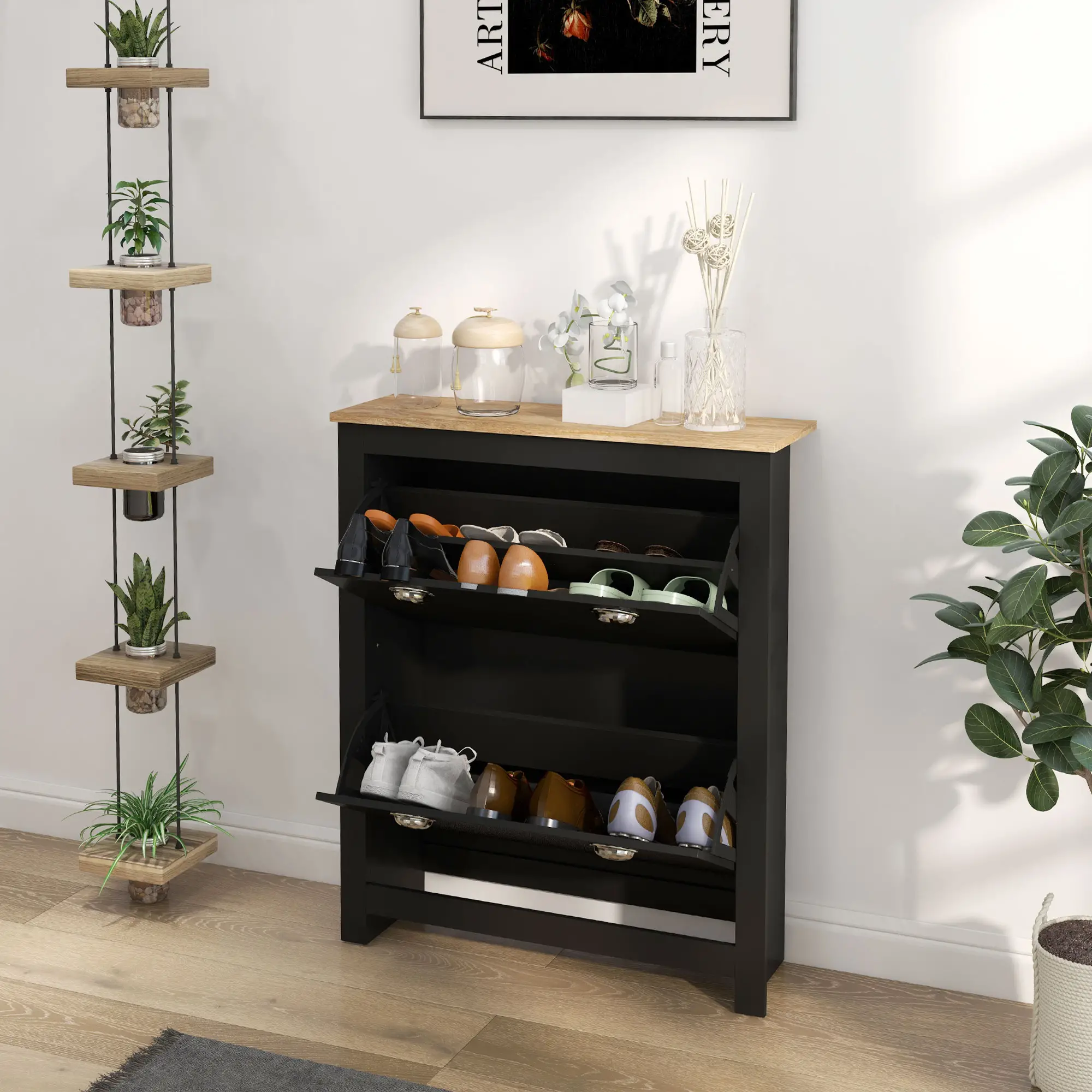 Shoe Cabinet, 2 Flip Drawers, Adjustable Shelves, 12 Pair, Black - Image 8