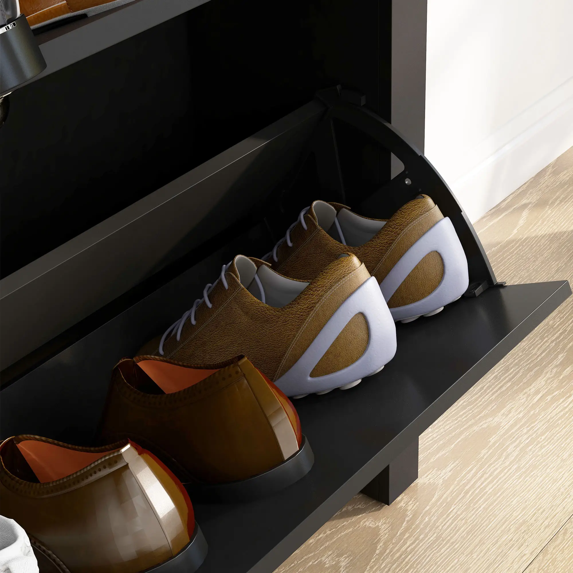 Shoe Cabinet, 2 Flip Drawers, Adjustable Shelves, 12 Pair, Black - Image 9