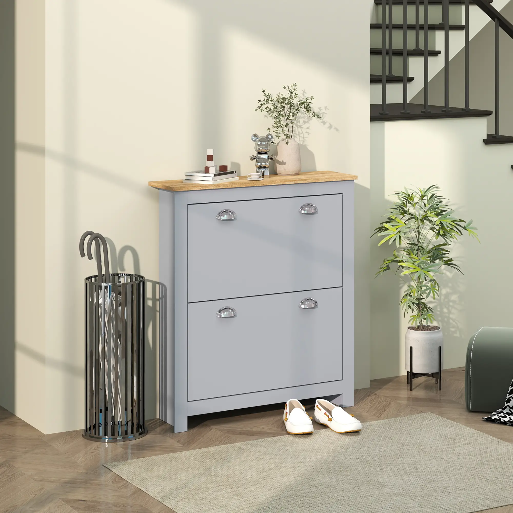 Shoe Cabinet, 2 Flip Drawers, Adjustable Shelves, 12 Pair, Grey - Image 2