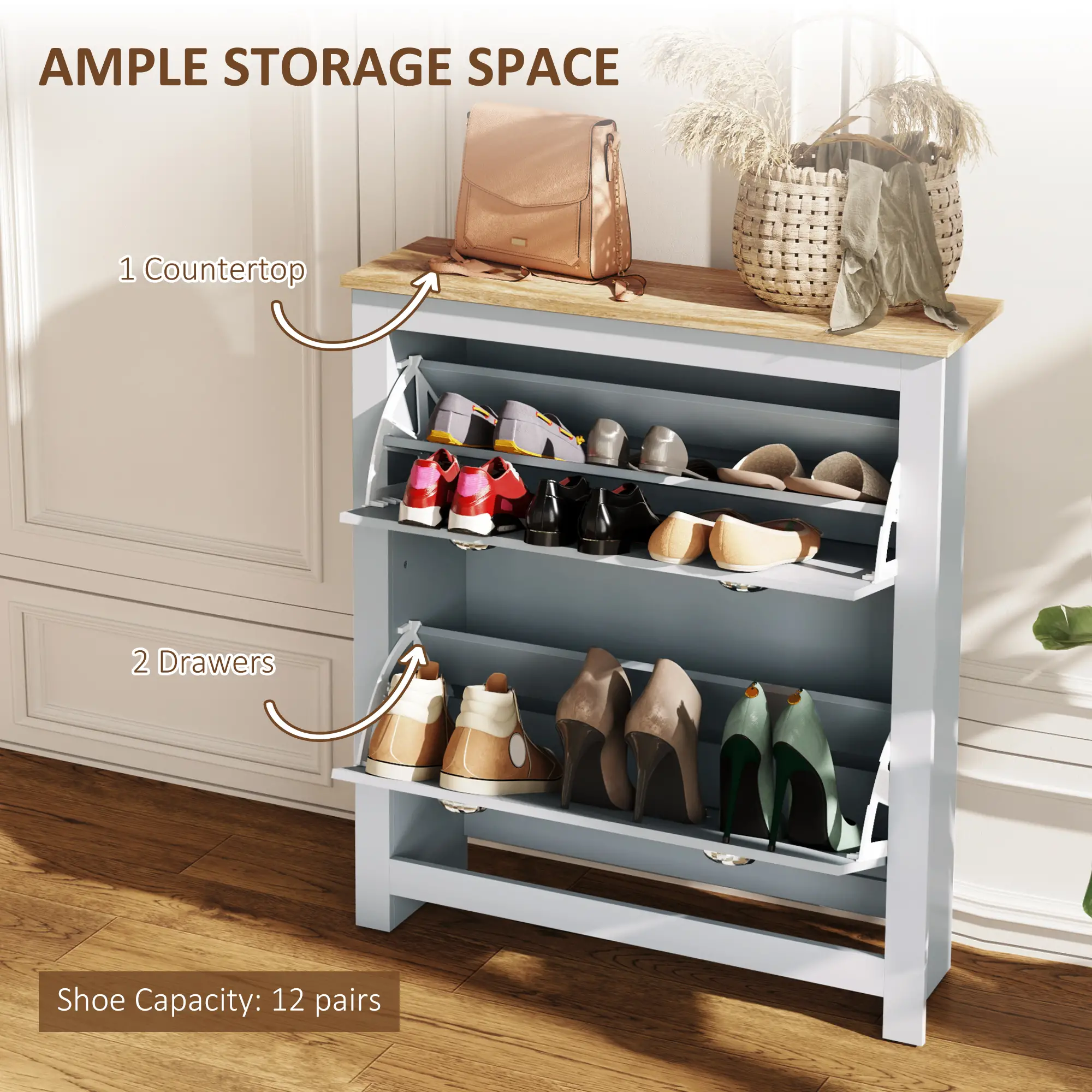 Shoe Cabinet, 2 Flip Drawers, Adjustable Shelves, 12 Pair, Grey - Image 4