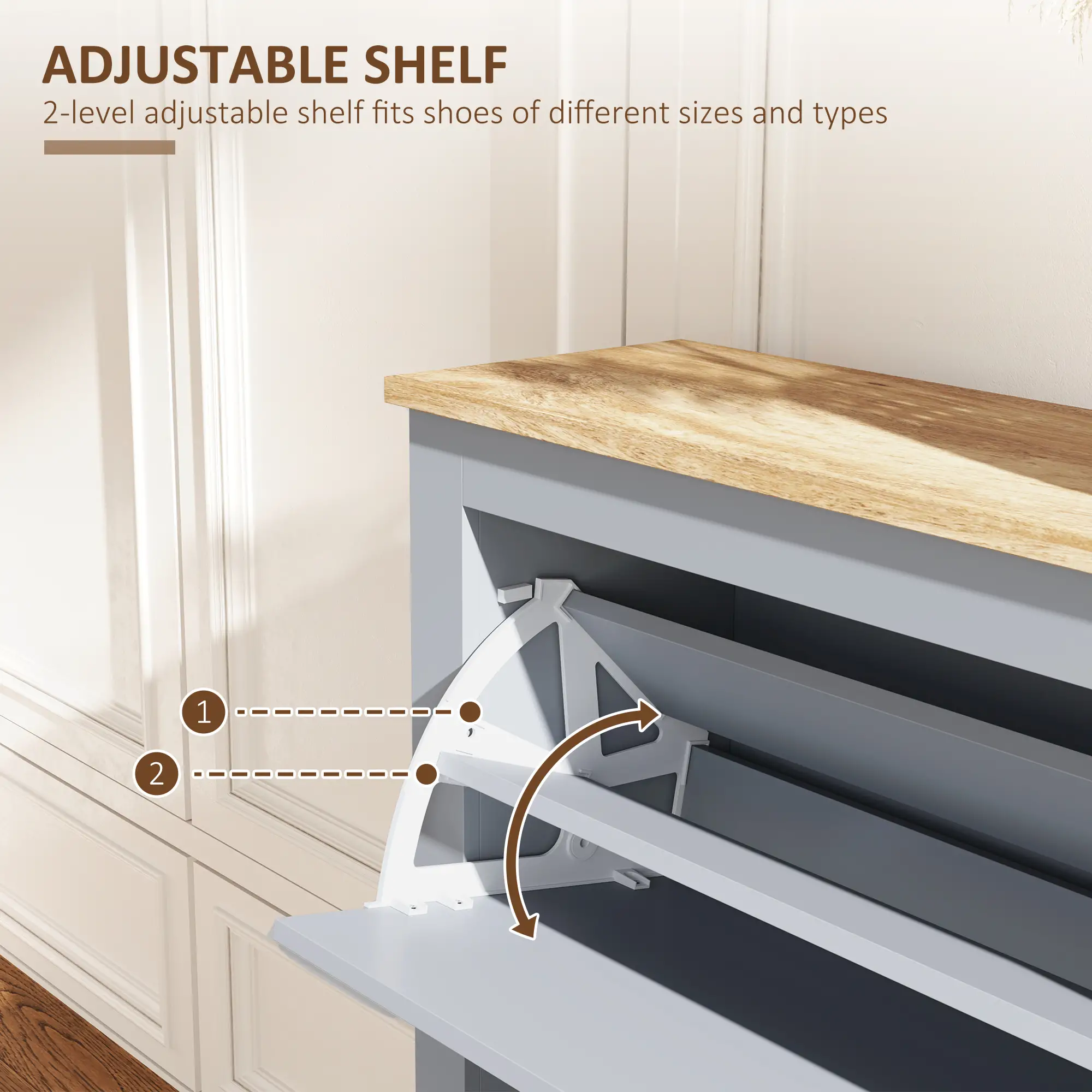 Shoe Cabinet, 2 Flip Drawers, Adjustable Shelves, 12 Pair, Grey - Image 5