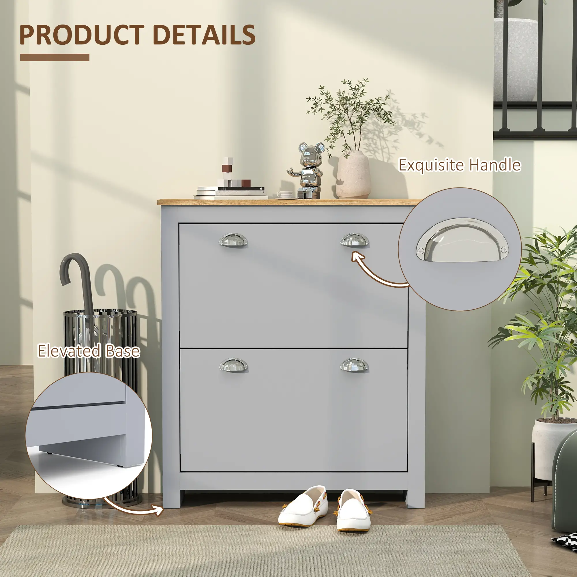 Shoe Cabinet, 2 Flip Drawers, Adjustable Shelves, 12 Pair, Grey - Image 6