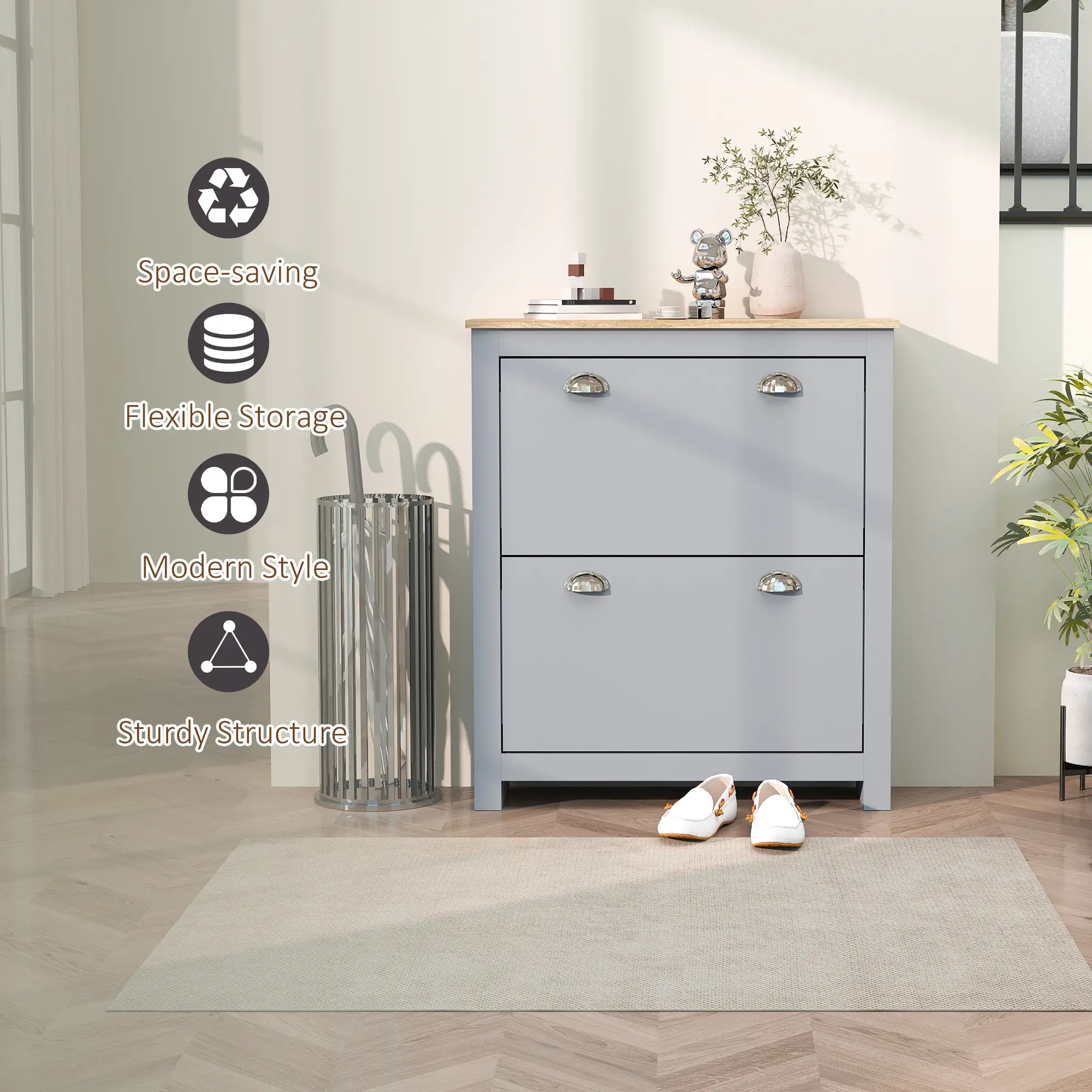 Shoe Cabinet, 2 Flip Drawers, Adjustable Shelves, 12 Pair, Grey - Image 7
