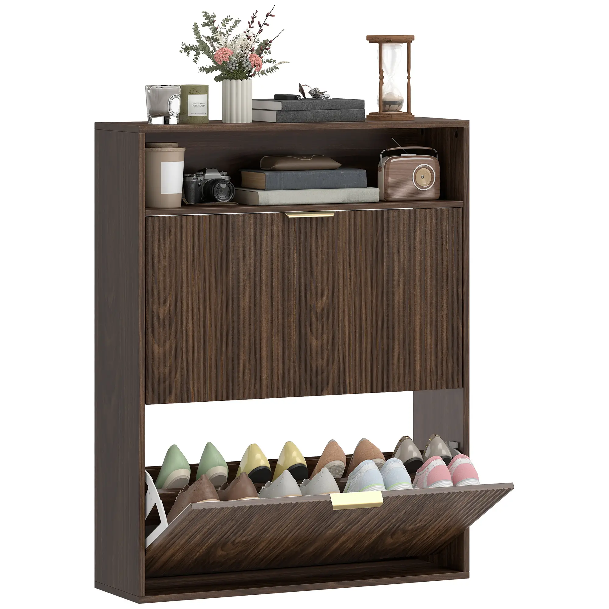 Shoe Cabinet 2 Flip Drawers, Narrow Storage, Top Shelf - Image 11