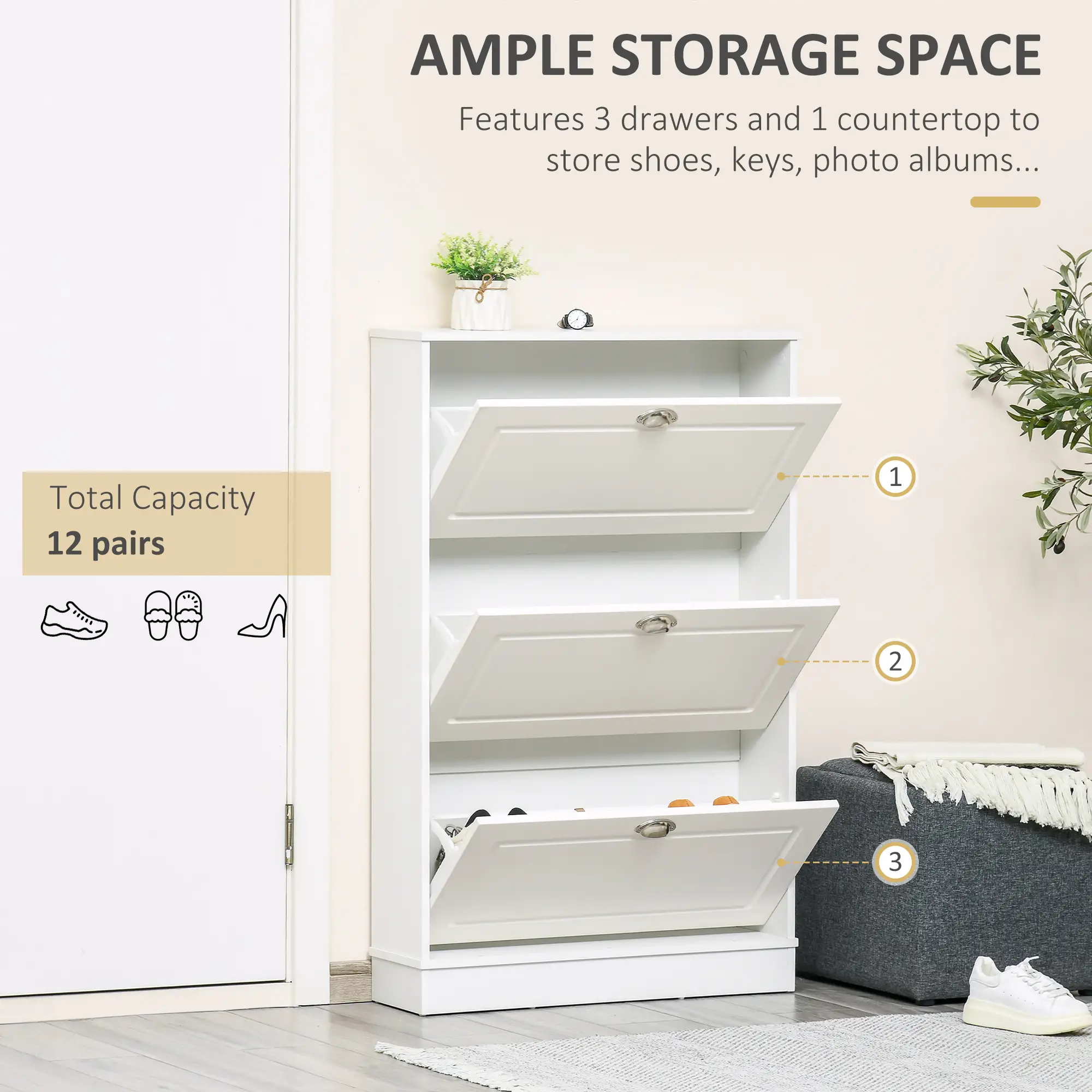 Shoe Cabinet, 3 Flip Drawers, Narrow, Holds 12 Pairs, White - Image 4