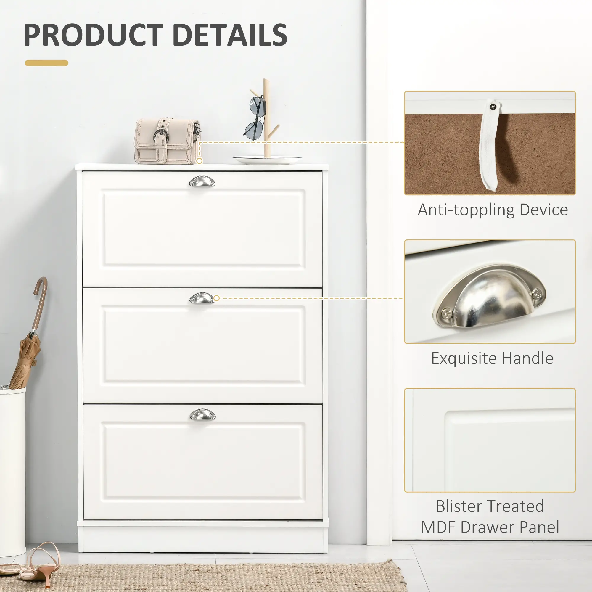 Shoe Cabinet, 3 Flip Drawers, Narrow, Holds 12 Pairs, White - Image 5